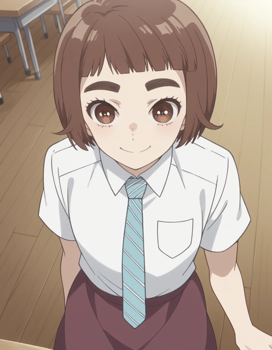 score_9, score_8_up, score_7_up, source_anime, <lora:kazusa-onodera-s1-ponyxl-lora-nochekaiser:1>, kazusa onodera, short hair, bangs, brown hair, brown eyes, blunt bangs, bob cut, thick eyebrows,, skirt, shirt, school uniform, white shirt, short sleeves, necktie, striped, collared shirt, shirt tucked in, striped necktie,, restaurant, laughter, good food, warm lighting, celebration, smile, from above,, looking at viewer, solo,, dutch angle, cowboy shot