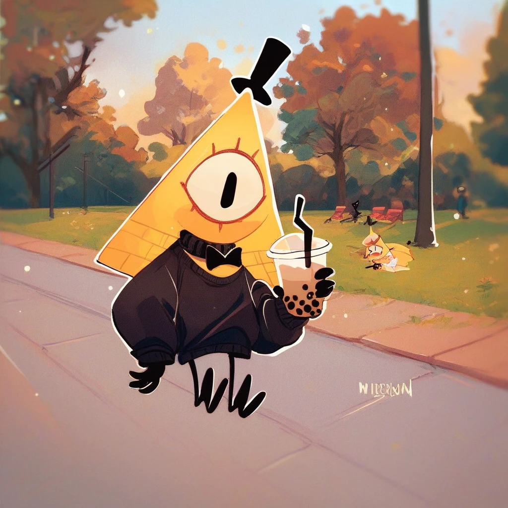 score_9_up, score_8_up, score_7_up, mikus-sona, yellow triangle, black eyes, bow tie, black hands, black legs, black hat, park, holding, bubble tea, black sweater