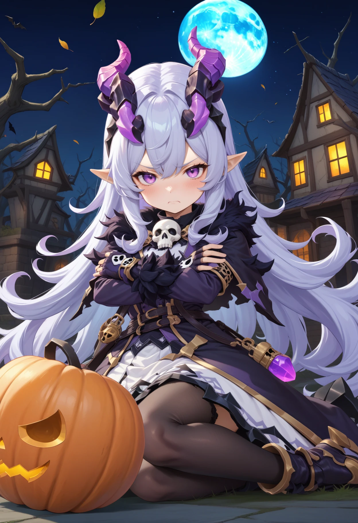 masterpiece, best quality, very aesthetic, absurdres, rom_hela_xl,
1girl, purple hair, horns, purple eyes, grumpy, skull, fingerless gloves, 
sitting, crossed arms, haunted house, withered trees, bats, halloween bucket, pumpkin,
outdoors, moon, (wind, falling leaves, light particles:1.4), light rays, tyndall effect, vivid colors, tranquil and magical atmosphere,
shiny skin, beautiful face, beautiful eyes, extreme detailed, official art, professional illustration, hires,
<lora:rom_hela_xl:1>, <lora:aesthetic_anime_v1s:0.5>, <lora:add_details_xl:0.5>