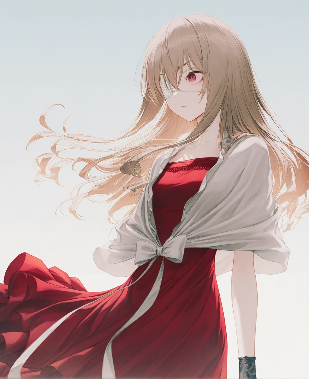 masterpiece,best quality,very aesthetic,absurdres, artist:gomzi,artist:wanke,
1girl, noel cerquetti, red eyes, blonde hair, long hair, medical eyepatch, left arm missing, left eye covered,
white jacket, tied jacket, red dress, frilled dress, lace gloves
 <lora:noel_cerquetti.noobaixl:1>