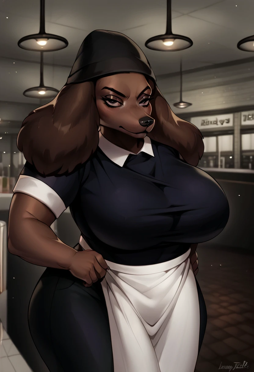 intricate details, high intricate details
  <lora:Sam_BTS-000005:1> sambts, anthro dog, brown fur,  huge breast, apron,  arms crossed,  diner, zPDXL3, <lora:Pony_QualityV4.0:1.12> zPDXLxxx, zPDXLrl