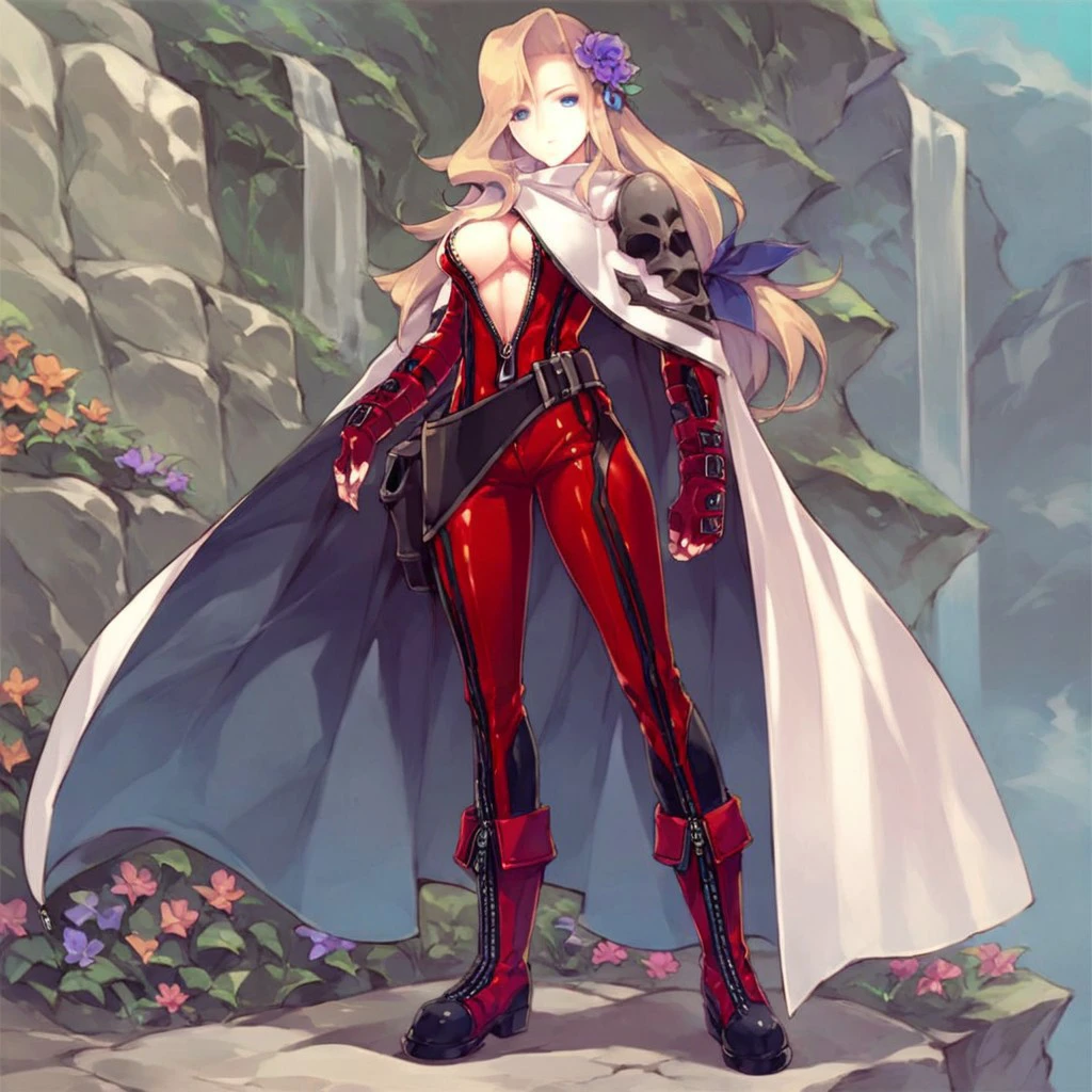 Anime Character; Full Body Art, FULL BODYSHOT, laserpunk fullbodysuit, this character has cryokinesis, fullllbody, Full-size persona, shin megami tensei, !!Full body portrait!!, full body with dynamic pose, Tall anime beautiful girl with blue eyes, silver eyes full body, Upper body naked, 1 girl in, Beautiful girl born in Scandinavia, large full breasts, Erotic smile, holding a katana,Blushing face, Beautiful blonde hair, Precise feet without discomfort, Cosmic background,