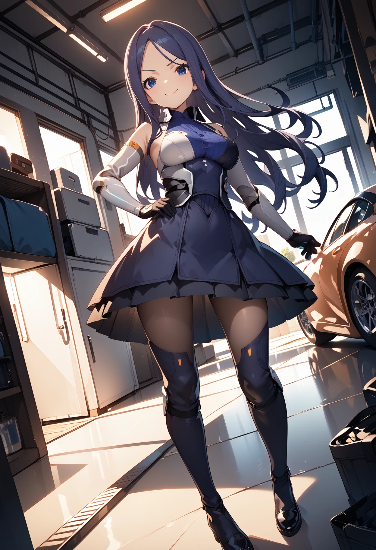 (score_9,score_8_up,score_7_up,source_anime,(masterpiece:1.2),best quality,very aesthetic,public indecency,absurdres),masterpiece,best quality,very aesthetic,absurdres,rim light,metallic luster,intricate details,1girl,
<lora:kanade_p_V2_2:1>,kanade,talaria,blue eyes,blue hair,long hair,elbow gloves,skirt,black footwear,
<lora:Fixhands_anime_bdsqlsz_V1:1>,
standing,smirk,hands_on_hips,open_stance,light_blush,looking_at_viewer,(night:1.2),dutch angle,cinematic_angle,dynamic_angle,full_shot,arched_back,blush,bike,car,multiple motorcycles,garage,indoor,maintenance room,, masterpiece,best quality, very aesthetic, absurdres, ultra detailed, high resolution, 4k, extremely detailed CG,
