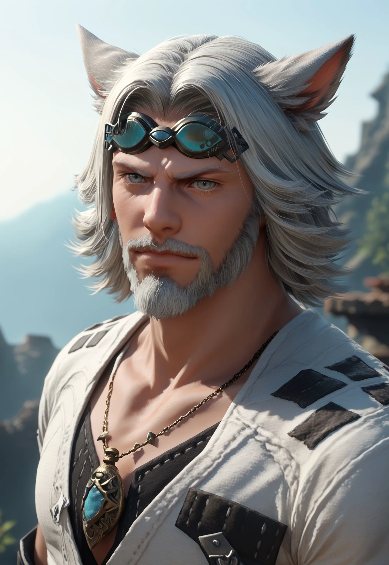 cid nan garlond, 1boy, male focus, grey eyes, facial hair, beard, solo, goggles, white hair, miqo'te, cat ears, animal ears, goggles on head, jewelry, mustache, necklace, upper body, sky, looking at viewer, outdoors, source_anime, score_9, score_8_up, score_7_up, score_6_up, score_5_up, score_5_up, score_4_up