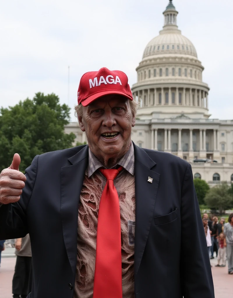 Donald Trump is an smiling overweighted zombie wearing a red baseball cap with the text "MAGA" and wears a suit with a very long red tie. He is giving a thumbs up. He stands in front of the capitol <lora:Zombie:0.9>