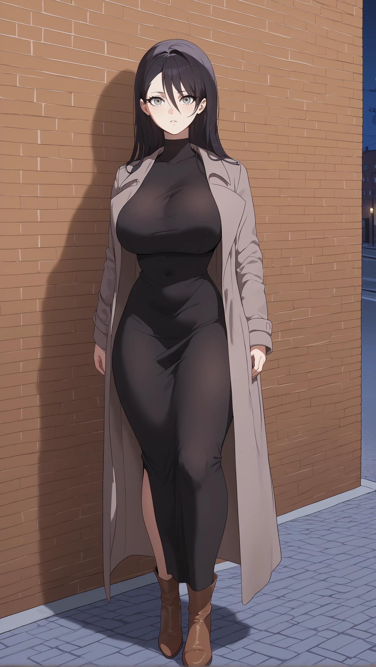 standing, solo, full body, curvy, looking at viewer, facing viewer, twisted torso, <lora:Lim Ji-Ah_epoch_10:1>, LimJA, grey eyes, black hair, hair between eyes, eyes visible through hair, very long hair, bangs, large breasts
black dress, grey coat, brown footwear, middle of street, night, brick wall, back against wall, pov, score_9, score_7_up, source_anime