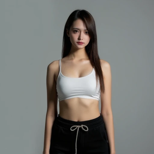 sharp photo of is a portrait of a young woman.  She is standing in front of a plain grey background and is looking directly at the camera with a serious expression on her face.  The woman is wearing a sports_bra. She has a pair of black pants with a drawstring waistband and a white sports_bra underneath.  The overall mood of the image is serious and edgy.