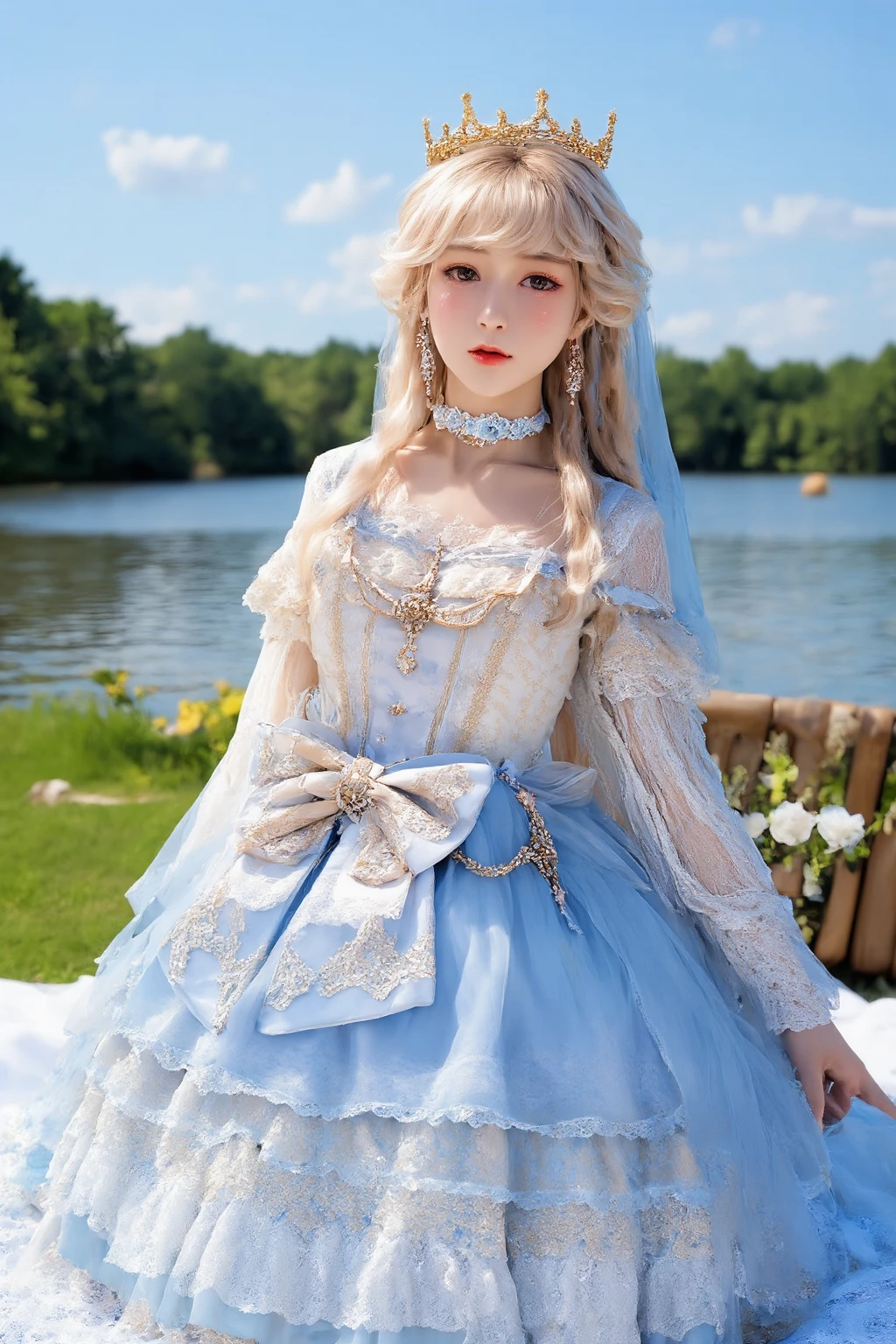 (masterpiece, best quality:1.2),illustration,8k,anime, hd,1 girl,very long hair,solo,blonde hair, (collarbone:1.2),looking at viewer,
cshy,jewelry,dress,long sleeves,hair ornament,earrings,necklace,lace,tiara,choker,bow,lace-trimmed dress,<lora:cshy_FLUX:0.85>
((cleavage)),large breasts,outdoors,(lake:1.5),extremely detailed dress,crystalstexture skin,front view,