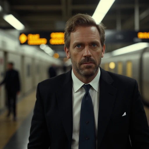 an image of Hugh Laurie wearing a suit waiting for a train