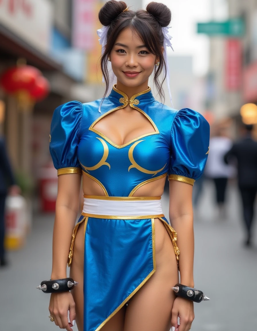 in the tokyo streets
 <lora:Chun_Li_-_Battle_Outfit:1>  chunli outfit, shiny blue outfit, cleavage, dress, white boots, sash, jewelry, pelvic curtain, spiked bracelet, hair bun, double bun, china dress, bun cover, chinese clothes, short puffy sleeves, pelvis side cuts,