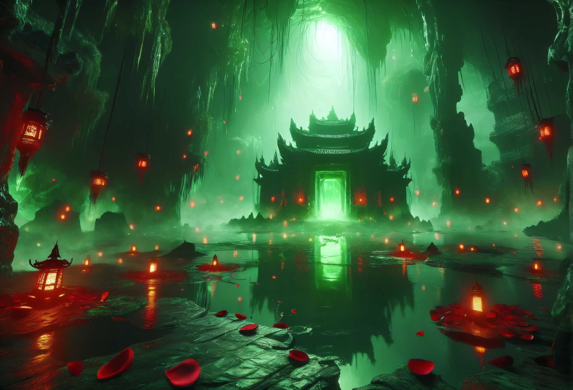 abyssmerald, dark, haunting, green fog, green ghosting flame, rose petals falling, cave, ruins, root, wet floor, water reflection, red lantern, background fantasy, ancient background, masterpiece, top quality, best quality, official art, cinematic lightings, photorealistic.