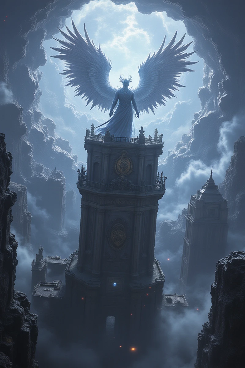 cg,A white Michael with enormous wings stands at the top of an overhanging building in the vast universe. Baroque towers with ornate carvings and reliefs. The scene has a surrealistic style, classicism combined with futuristic technology 