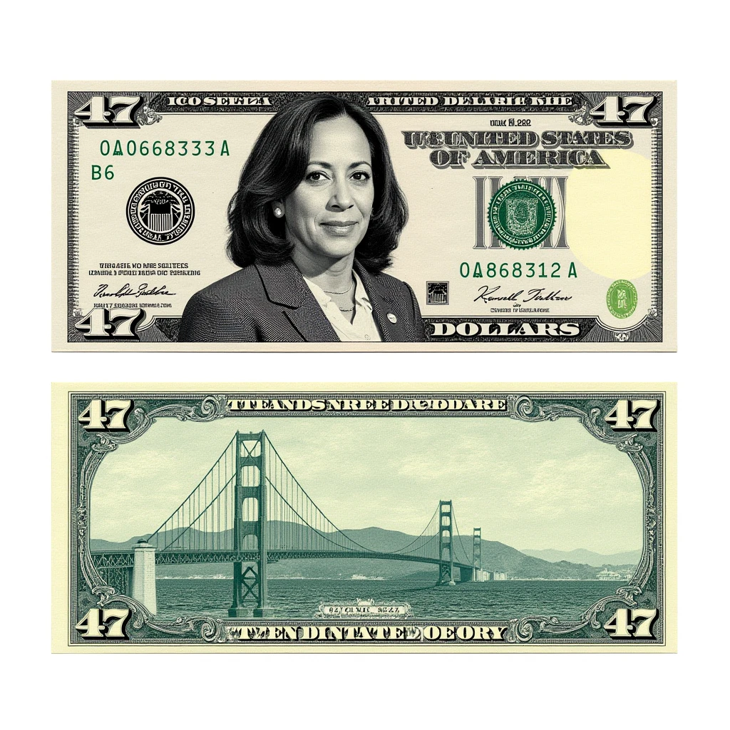 <lora:m0n3y_02F1D-000011:1.0>,m0n3y style, a front and back side view, of a 47 dollar denomination, with portrait of Kamala Harris wearing a suit coat and blouse on the front, with the word '47' on the corners, while on the backside a drawing of the Golden Gate Bridge, lime green and blue ink artwork, treasury seal, us flag, words 'United States of America' at the top,(with small print at bottom 'NOT Legal Tender':1.4), ornate design, intricately detailed, close-up view, realistic, hyperrealism,