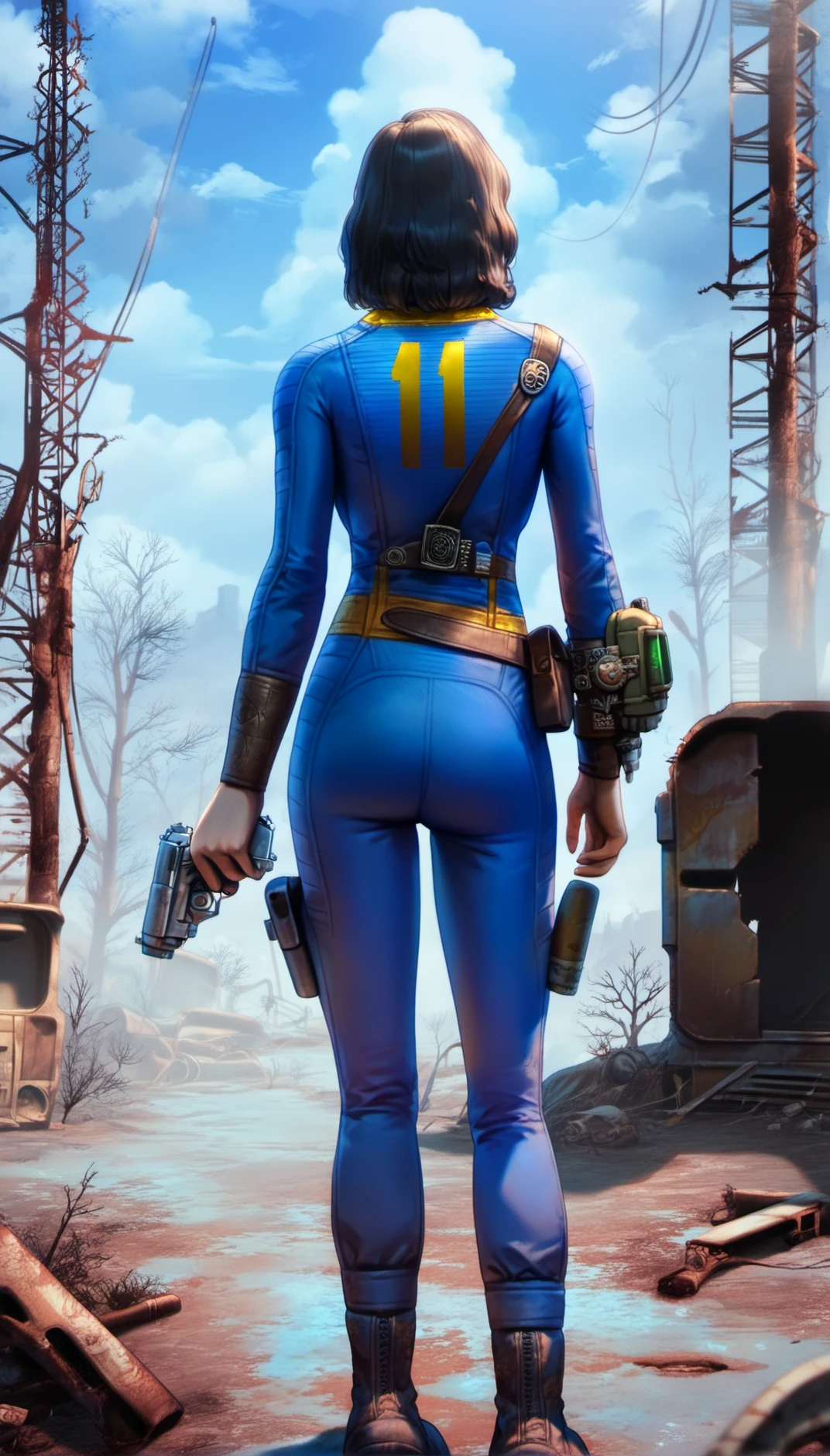 score_9,score_8_up,score_7_up,
<lora:nora:0.9>,fo4nora,
realistic,
1girl,solo,black hair,medium hair,dirty blue jumpsuit,brown tech wrist device on left arm,brown bracer,brown boots,belt pouch,carrying a long rifle slung across her back,holding a silver-gray handgun in her right hand,cowboy shot,back view,dynamic pose,outdoors,post-apocalypse,blue sky,cloud,barren wasteland,distant city ruins and dilapidated buildings visible,dry and desolate ground,dead trees and abandoned vehicles,
outdoors,post-apocalypse,blue sky,cloud,barren wasteland,distant city ruins and dilapidated buildings visible,dry and desolate ground,dead trees and abandoned vehicles,lights particle,