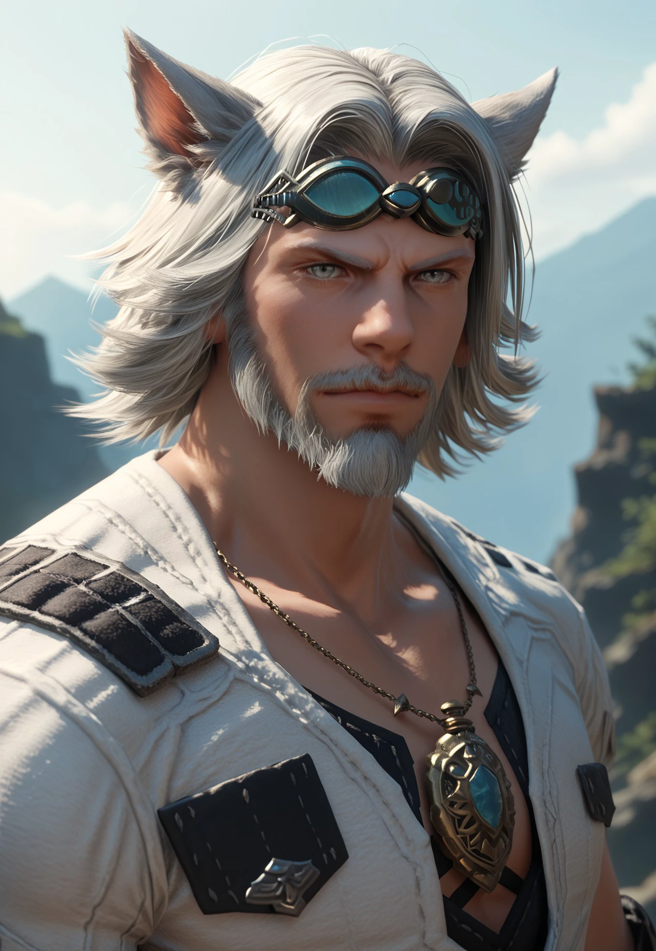 cid nan garlond, 1boy, male focus, grey eyes, facial hair, beard, solo, goggles, white hair, miqo'te, cat ears, animal ears, goggles on head, jewelry, mustache, necklace, upper body, sky, looking at viewer, outdoors, source_anime, score_9, score_8_up, score_7_up, score_6_up, score_5_up, score_5_up, score_4_up