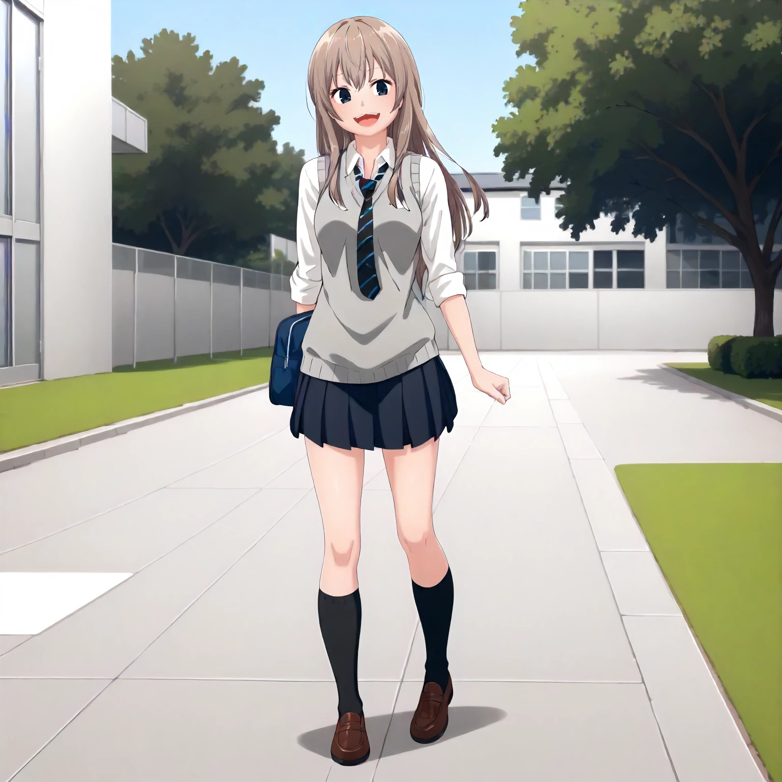 <lora:UnOMdDDMnK_ChiakiXLpony001>,
outdoors,
open mouth,smile,
solo,
Chiaki,1girl,light brown hair,long hair,indigo eyes,
school_uniform,loose tie,gray sweater vest,sleeves rolled up,
black skirt,pleated_skirt,miniskirt,
black socks,
full body,standing,