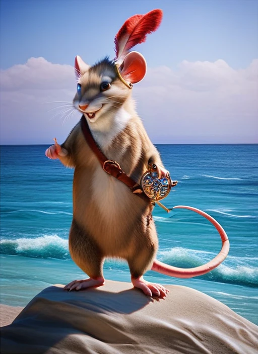 <lora:Reepicheep_pony:0.7> Reepicheep, 1boy, mouse, furry, mouse tail, honey brown eyes, ring hat, feather, male, sash solo, male, solo, standing, three quarter back view, full body, standing on the sand, rapier, sword, rapier on sash, beach shore background, wave like water wall on background, masterpiece, (best quality:1.1), score_9, Score_7_up, score_8_up