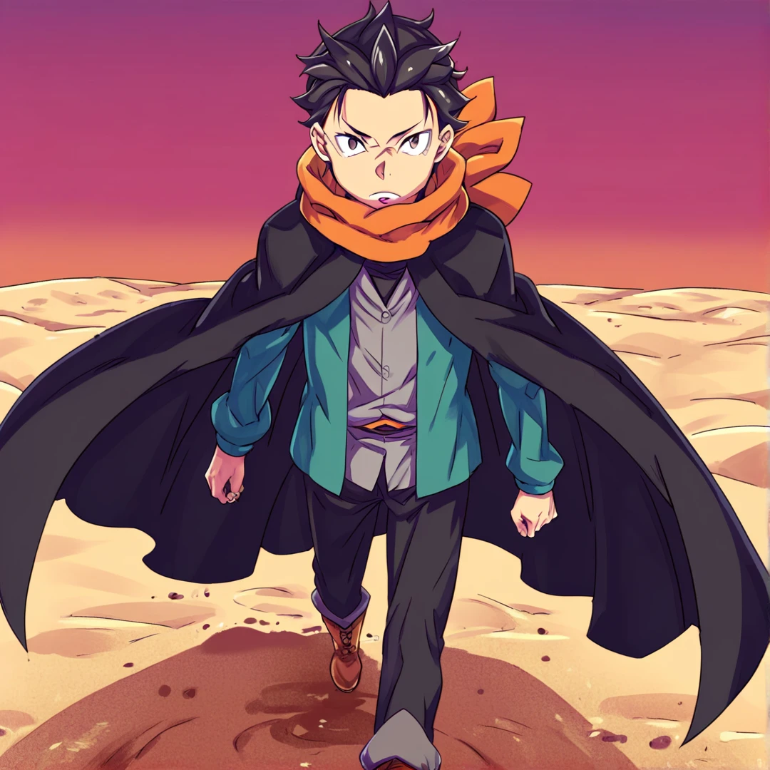 <lora:Natsuki Subaru:1>, subaru(arc6), wears a orange scarf, black trousers, lighter brown boots with black lacing, a black shirt, a light brown buttoned blazer, a brown belt, an open green jacket, long black hooded cloak, solo, in a desert, blue and red sand, blue and red sky, walking, looking at viewer