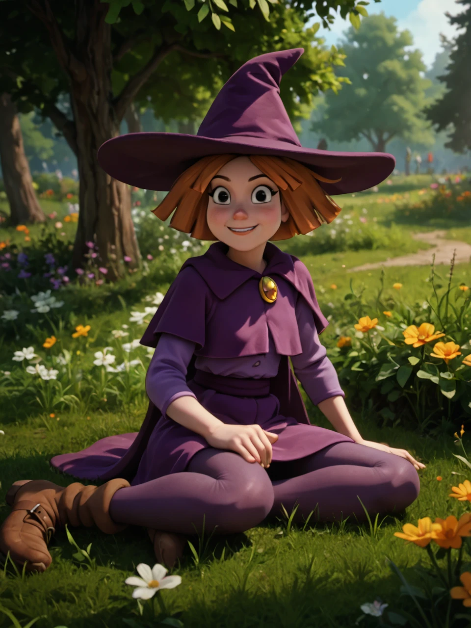 score_9, score_8_up, score_7_up,  score_6_up, BREAK, P3nny, 1girl, solo, orange hair, short hair, witch hat, purple hat, black eyes, purple dress, purple cape, purple pantyhose, brown footwear, in the park, sitting on the ground, smile, grass, flowers, looking at viewer,   <lora:Penny-000009:1> Poststyl, <lora:David_style:0.9>