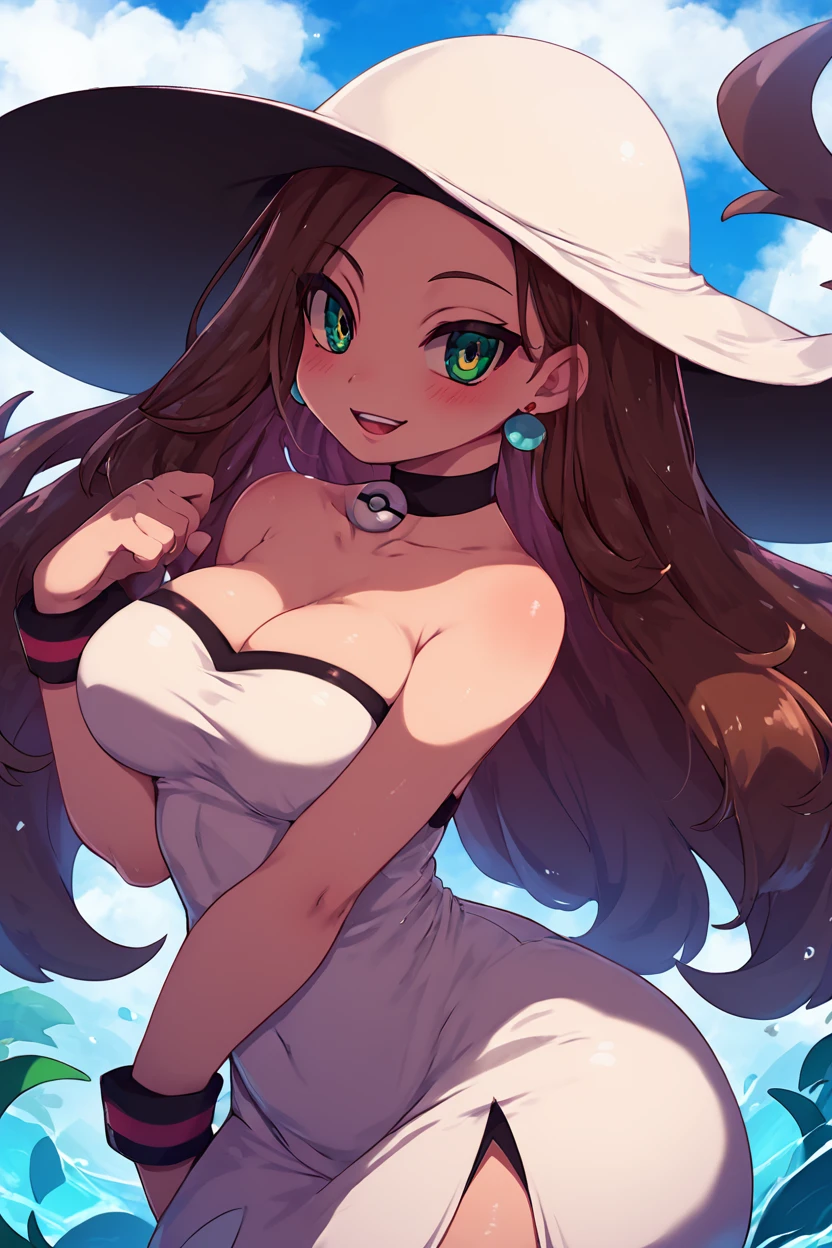 score_9, score_8_up, score_8, medium breasts, (curvy), cute, eyelashes,       ,,, , ,,,  zzBeauty, brown hair, long hair, green eyes, earrings, large breasts, white sun hat, white dress,<lora:Beauty_Pokemon_PDXL:0.8>, ,,,, BREAK, smile, looking at viewer, cowboy shot, ,,, embedding:zPDXL, Expressiveh, ,,, <lora:Zankuro_Style_PDXL:0.8> <lora:SDXLFaeTastic2400:0.5>, <lora:Expressive_H-000001:0.4>,