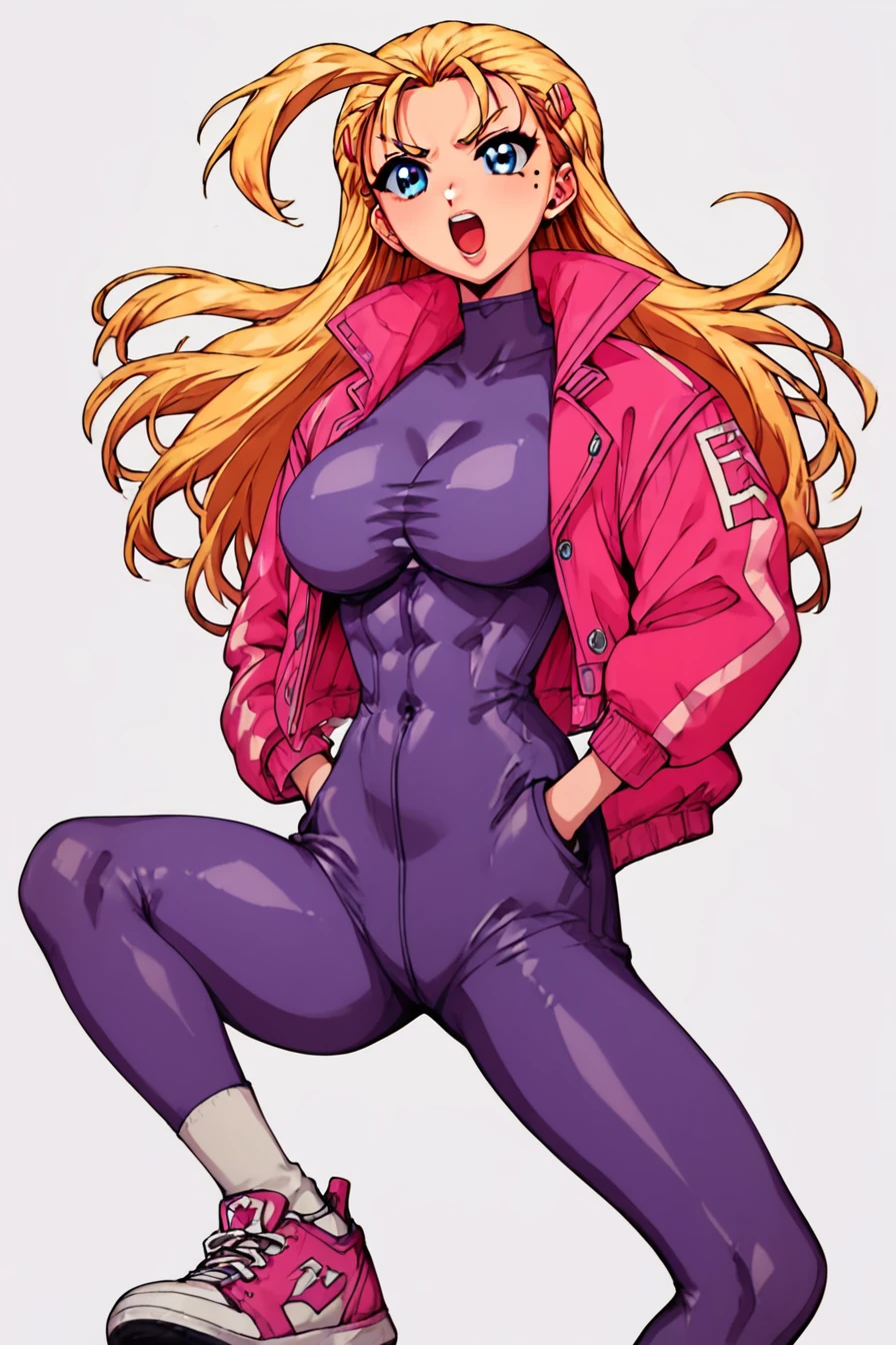 score_9, score_8_up, score_7_up, score_6_up, score_5_up, score_4_up ,  <lora:Miu_Furinji-000006:0.7> , miu, blonde hair, long hair, blue eyes, mole under right eyes, slim waist, large breast, pink jacket, purple bodysuit, hairclip, <lora:doflamingo_walk_pony:0.8>, 1girl, hand in pocket, leading leg posture, swaggering stride, standing on one leg, sneakers, angry face, open mouth, masterpiece, highres, white background, simple background