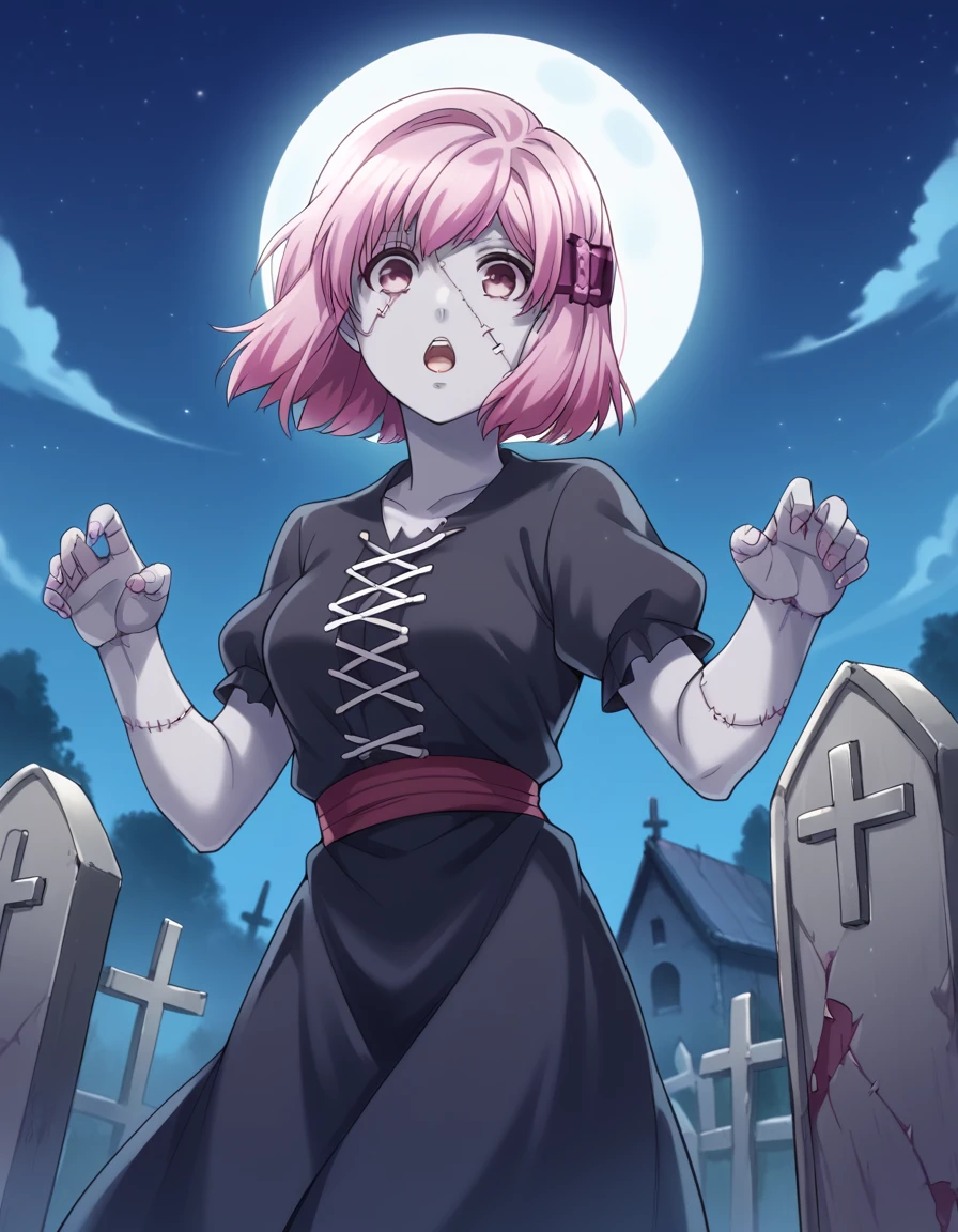 score_9, score_8_up, score_7_up, source_anime, <lora:norn-koharu-s1-ponyxl-lora-nochekaiser:1>, koharu, short hair, hair ornament, pink hair, pink eyes, medium breasts,, <lora:zombie-ponyxl-lora-nochekaiser:1>, zombie, colored skin, stitches, grey skin, multicolored skin, stitched face, zombie pose, halloween, halloween costume,, night, moon, graveyard, tombstone, grave, open mouth, , dutch angle, cowboy shot