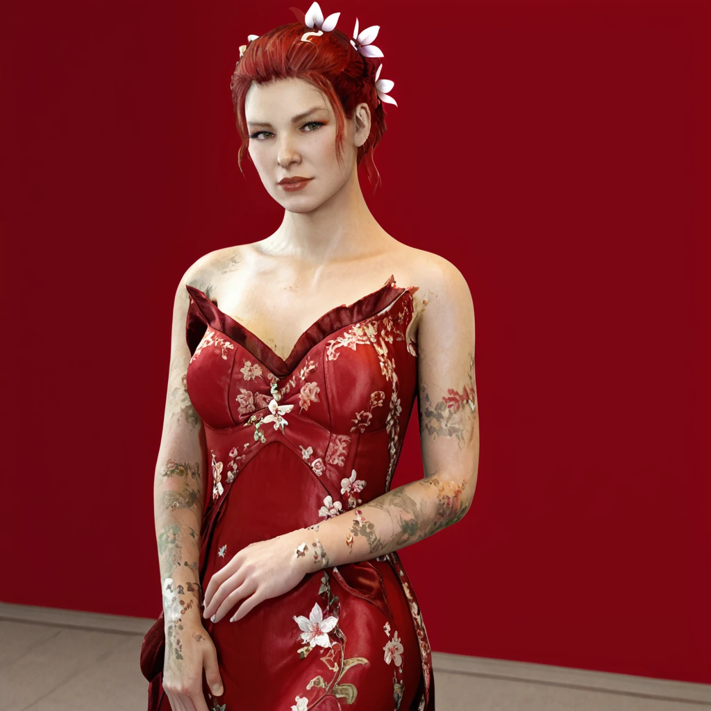 <lora:poisonivyarkhamknight_pony_v3:0.75> PoisonIvyArkhamKnight, 1girl, flower, short hair, cowboy shot <lora:1007 Chinese wedding dress_v1_pony:1> ruanyi1007,bare shoulders,detached sleeves,red dress,floral print,strapless dress,