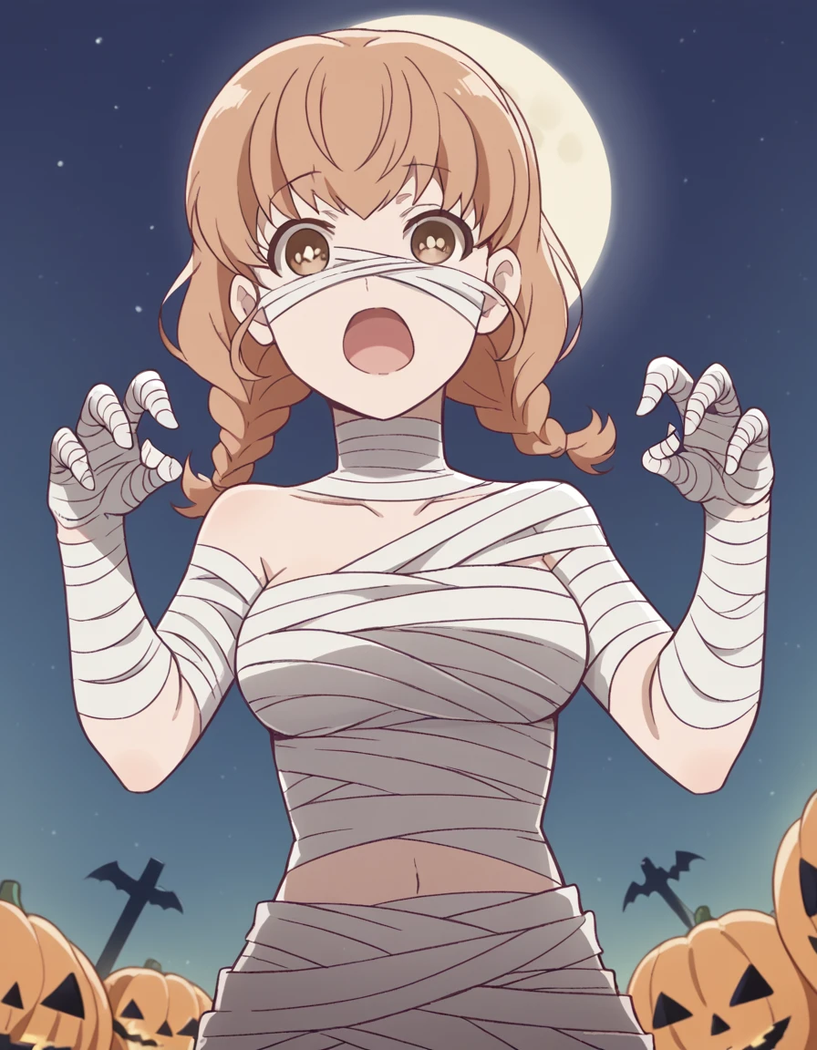 score_9, score_8_up, score_7_up, source_anime, <lora:momoko-sudou-s1-ponyxl-lora-nochekaiser:1>, momoko sudou, brown hair, brown eyes, braid, twin braids, medium breasts, <lora:mummy-costume-ponyxl-lora-nochekaiser:1>, mummy costume, bandages, halloween costume, bandaged arm, zombie pose, bandage on face,, desert, moon, night, open mouth, , dutch angle, cowboy shot