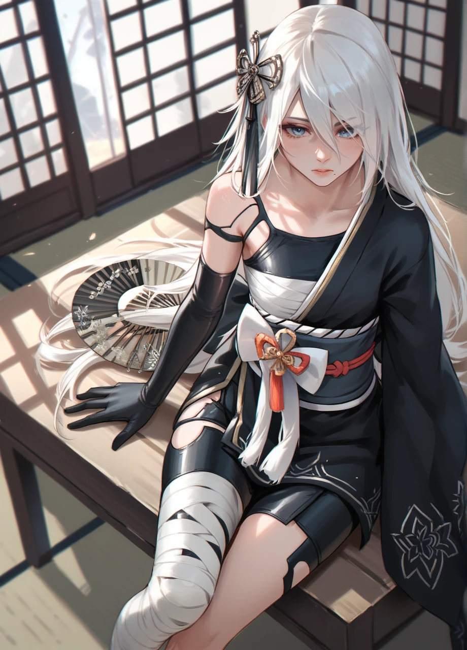 a2kimono, 1girl, solo, japanese clothes, yorha type a no. 2, sash, long hair, white hair, wide sleeve, elbow glove, kimono, blue eyes, hair ornament, indoors, sitting on table, high angle, ornaments, hand fan, bandaged leg  <lora:Nier_KimonoA2-PONY:0.8>, score_9, score_8_up, score_7_up, score_6_up,