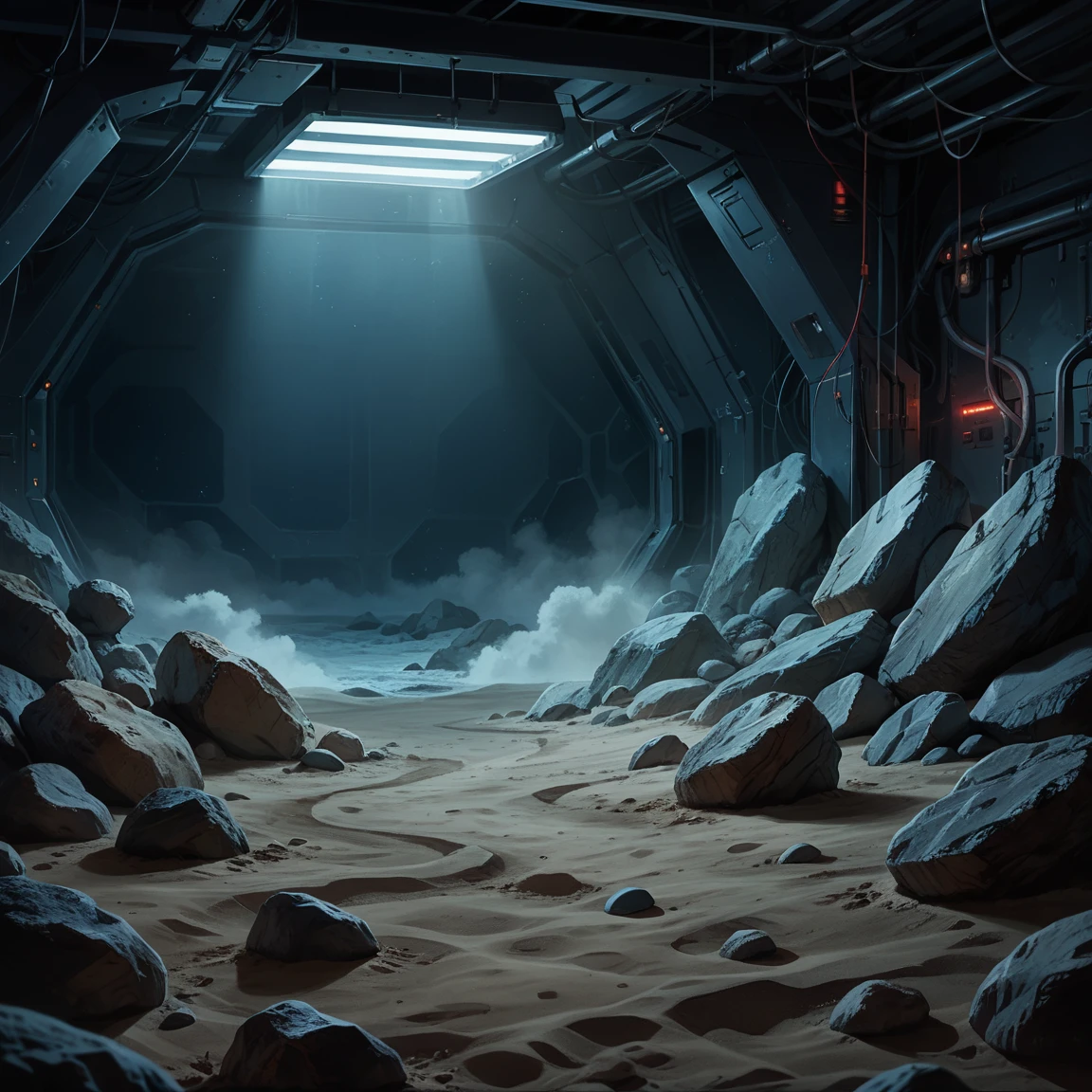 score_9, score_8_up, score_7_up, score_6_up, sci-fi, future, indoors, steel and glass, m00n, sand, rock, fog, gray colors, space, blue and red colors, night, cinematic lighting, aesthetic