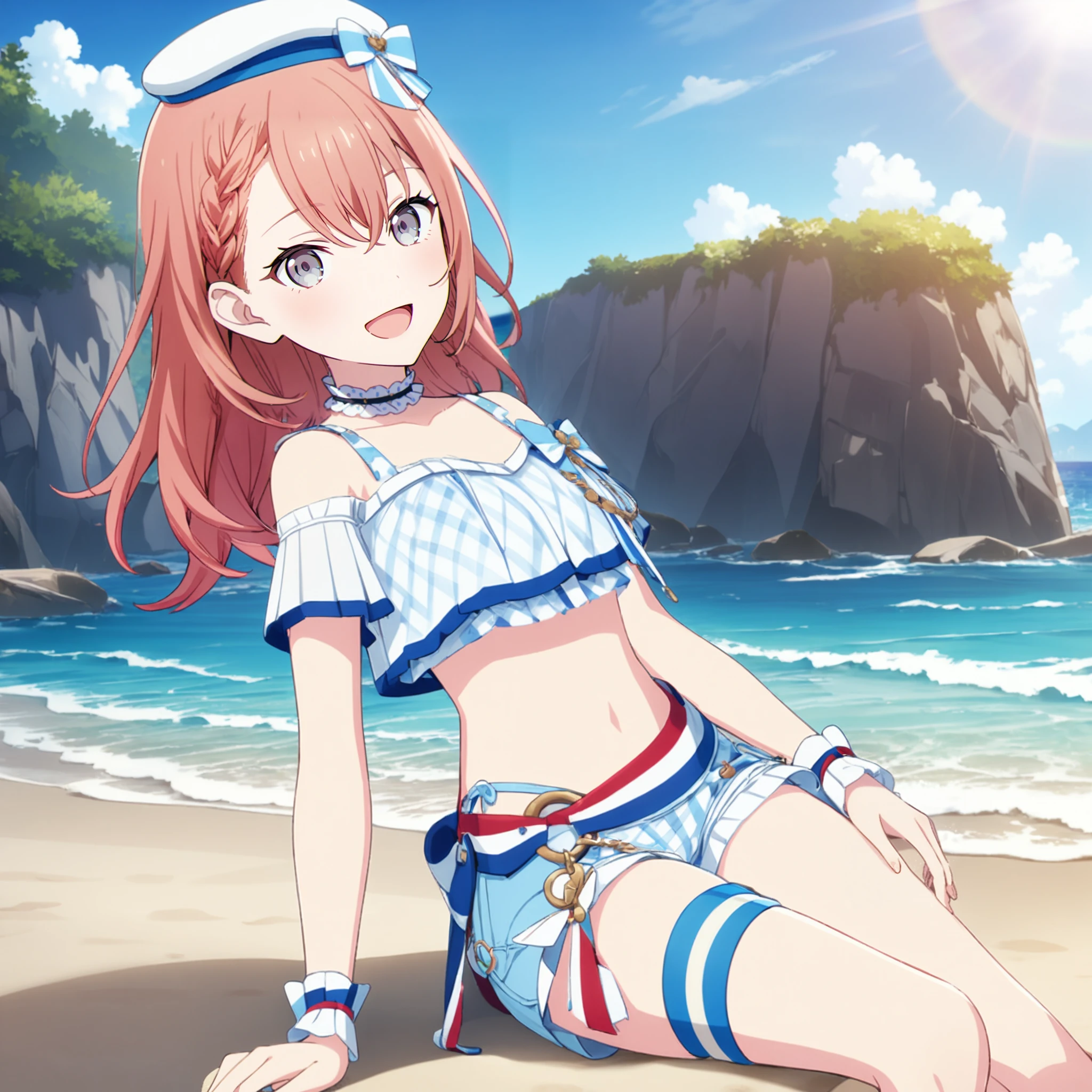 1girl, hanasato minori, project sekai, masterpiece, very aesthetic, absurdres, official art,
cider airi, long hair, brown hair, braid, grey eyes,
(sitting on beach, leaning back:1.4), (looking at viewer:1.2), :D, BREAK
shorts, navel, midriff, choker, wrist cuffs, bow, short shorts, thigh strap, white headwear, crop top, frills, ribbon, white shorts, blue shorts, bare shoulders, shirt, frilled shorts, plaid, frilled choker, white choker, blue bow, red waist ribbon,
beach, beautiful blue sky, sun light, sea, outdoors,
<lora:sdxl-mmj-CiderAiri02:0.8:lbw=0,0,0.2,0.2,0,0.4,0.4,0,0.8,0.8,0,0,0,0.8,0.8,0.6,0.8,0.0,0.0,0.0,0,0,0,0,0,0>