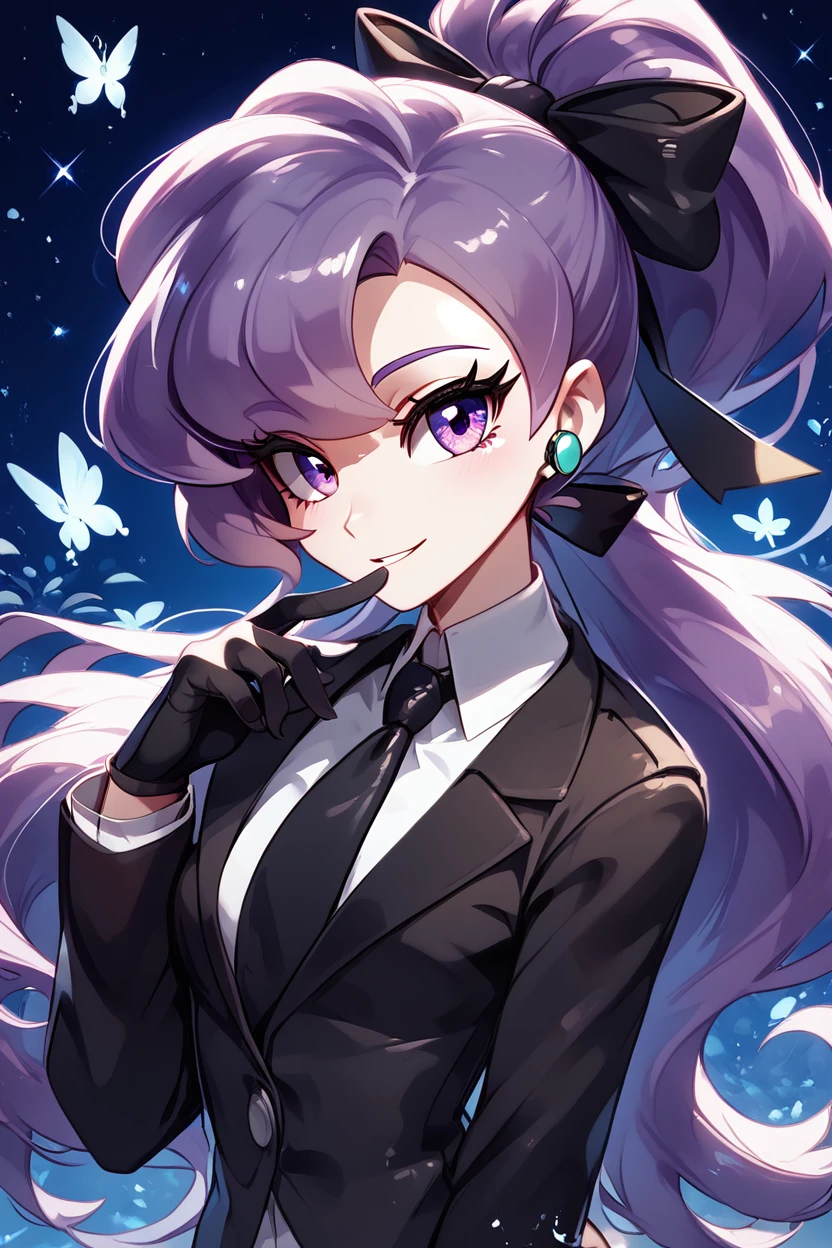 score_9, score_8_up, score_8, medium breasts, (curvy), cute, eyelashes,       BREAK, , ,,, zzAnabel, purple hair, purple eyes, long hair, ponytail, ribbon, hair ribbon, bangs, black ribbon, black suit, formal, black tie, black gloves, <lora:Anabel_Pokemon_PDXL:0.8>,    ,,,, BREAK, ,,, upper body, smile, looking at viewer, ,,, shiny skin, <lora:ProAnime_PDXL_v1:0.8>, night, soft shadows, moonlight reflecting off skin, whisper of wind, ,,, embedding:zPDXL, Expressiveh, <lora:SDXLFaeTastic2400:0.5>, <lora:Expressive_H-000001:0.4>,