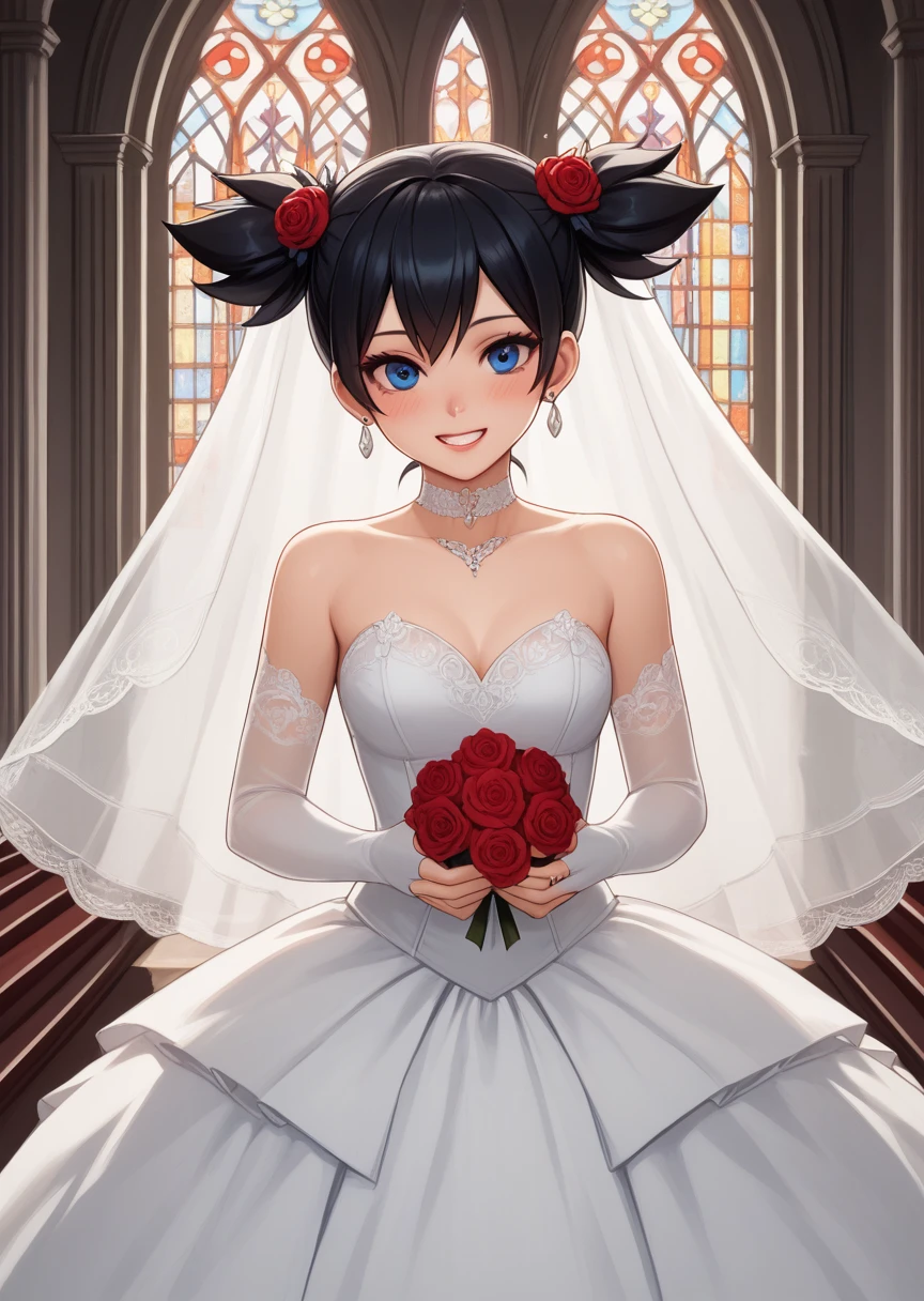 score_9, score_8_up, score_7_up, score_6_up, score_5_up, BREAK
Kurum1Nu1, Human, female, 1girl, solo, blush, blue eyes, black hair, hair ornament, dress, twintails, jewelry, flower, earrings, choker, (one hair flower), wedding dress, wedding veil, red rose, short twintails, bridal gauntlets, grin, smile, lipstick, makeup, church, indoors