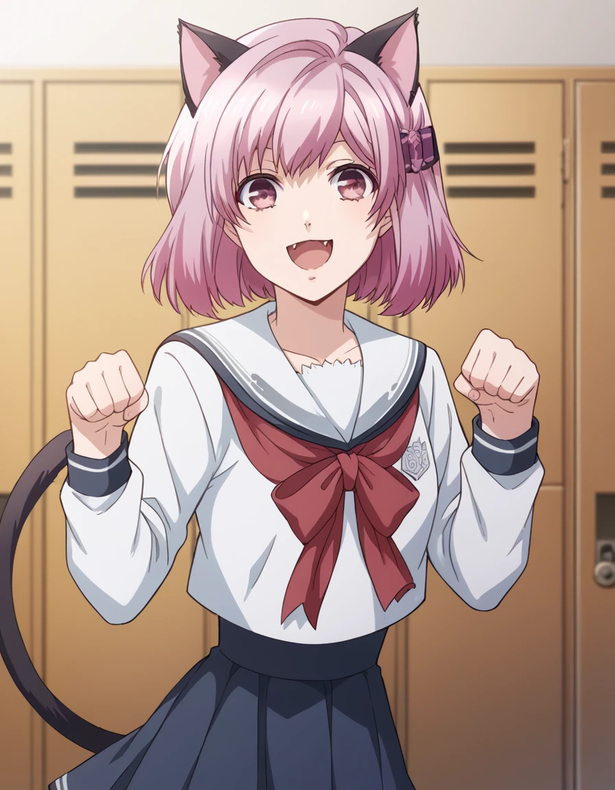 score_9, score_8_up, score_7_up, source_anime, <lora:norn-koharu-s1-ponyxl-lora-nochekaiser:1>, koharu, short hair, hair ornament, pink hair, pink eyes, medium breasts,, skirt, long sleeves, bow, school uniform, serafuku,, school hallway, lockers, between classes, everyday life, smile, <lora:paw-pose-ponyxl-lora-nochekaiser:1>, paw pose, cat ears, cat tail, animal ears, tail, cat girl, open mouth, fang, whiskers,, looking at viewer, solo,, dutch angle, cowboy shot