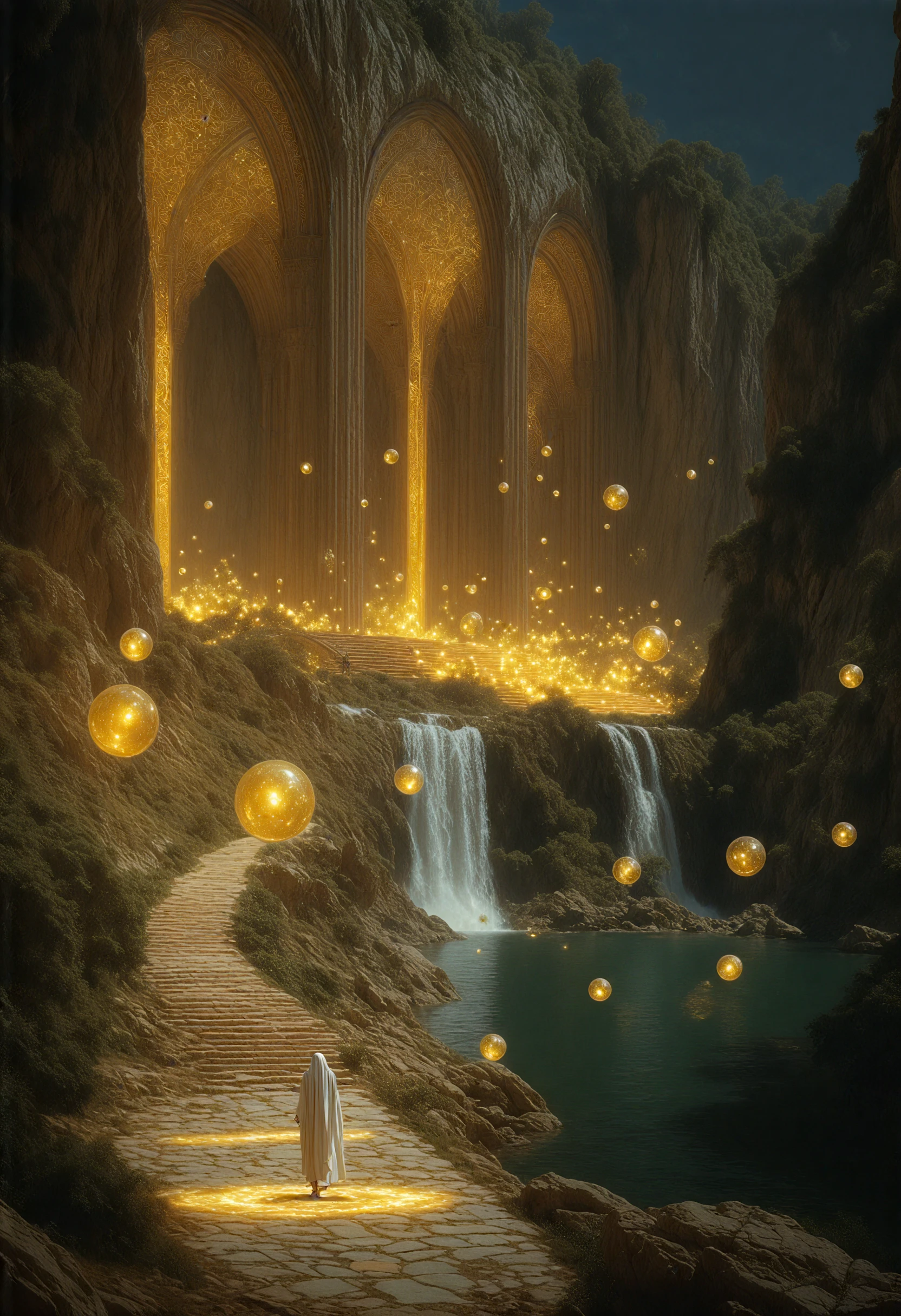 The image depicts a majestic and mystical fantasy scene in ancientstyle featuring grand, intricately designed architecture with large, elegant arches that glow with a soft golden light. A serene pathway leads through the scene, illuminated by gentle, glowing orbs that float around the area. On the left, a cliffside embedded with greenery contrasts with the ornate structures, which appear carved into the mountainside. To the right, a luminous waterfall cascades into a tranquil body of water, reflecting the warm, ethereal glow of the surroundings. The atmosphere feels otherworldly and serene, enhanced by the presence of a lone figure draped in white, walking along the illuminated path, suggesting a journey through a magical and sacred space. The overall scene is bathed in a soft, dreamlike light that accentuates the elegance and tranquility of the setting.