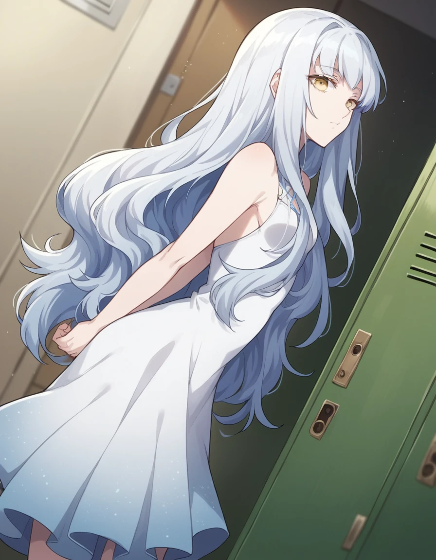 score_9, score_8_up, score_7_up, source_anime, <lora:norn-aion-s1-ponyxl-lora-nochekaiser:1>, aion, long hair, very long hair, yellow eyes, white hair,, dress, bare shoulders, white dress,, school hallway, lockers, between classes, everyday life, , hands behind back, bent over,, looking at viewer, solo,, dutch angle, cowboy shot