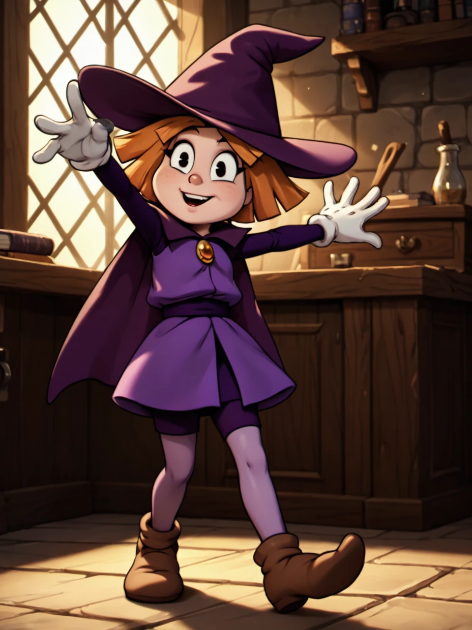 score_9, score_8_up, score_7_up,  score_6_up, BREAK, P3nny, 1girl, solo, orange hair, short hair, witch hat, purple hat, black eyes, purple dress, purple cape, purple pantyhose, white gloves, brown footwear, looking at viewer  <lora:Penny-000009:1>