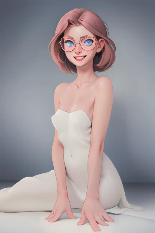 1girl, blue eyes, ginger hair, grin, topless,Saggy breasts, glasses, saggy breasts, torptits, simple why background,WR0919 ,white_wall, white_floor