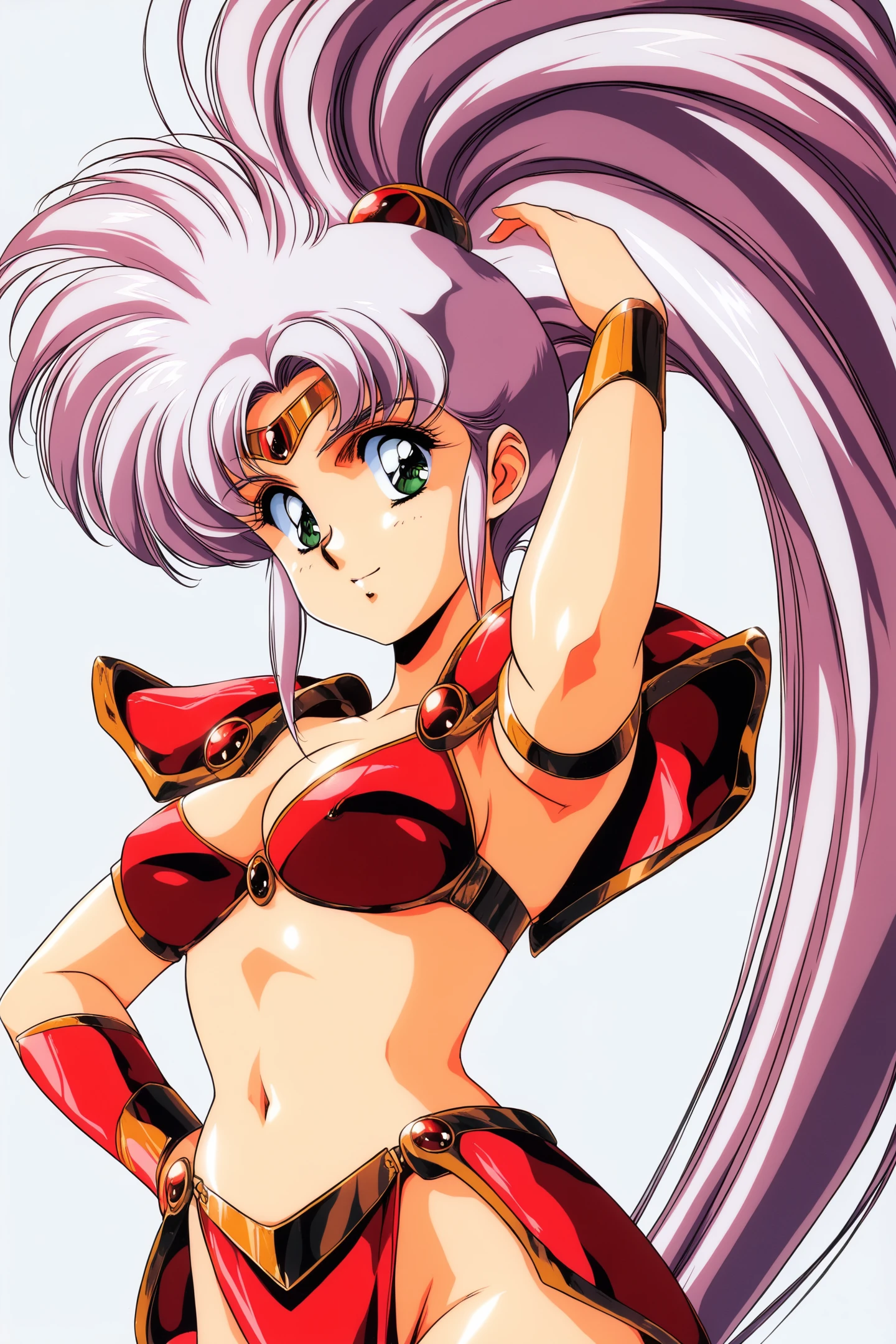 1girl,solo,long hair,navel,green eyes,breasts,white background,light purple hair,white hair,simple background,armlet,cleavage,bikini armor,medium breasts,red armor,ponytail,retro artstyle,jewelry,cowboy shot,very long hair,high ponytail,hand on own hip,looking at viewer,circlet,upper body,
<lora:Urushihara Satoshi_illustriousXL:0.8>,