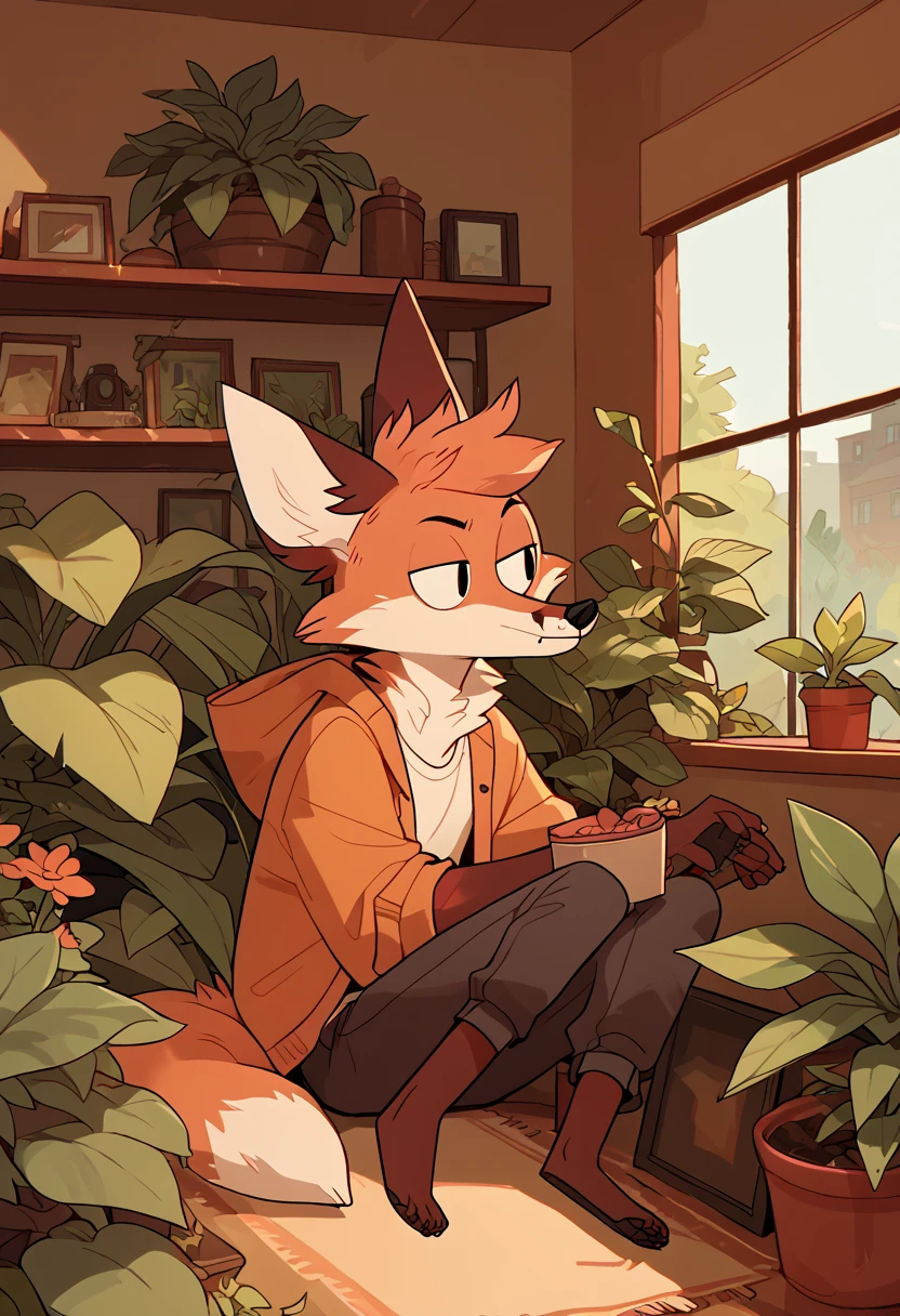 score_9, score_8_up, score_7_up, by cocadope, 1boy, furry male, male focus, furry, solo, animal ears, fox, thick outline, indoors, plants, <lora:Cocadope_style:1.2>