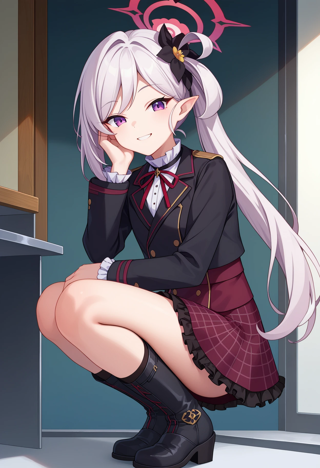 score_9, score_8_up, score_7_up, source_anime,
BREAK
1girl, solo, 
<lora:shiMutsukiTrainingV1:1.0>, shianimemitsuki, long hair, purple eyes, pointy ears, white hair, side ponytail, black scrunchie, hair scrunchie, halo, hair ornament, hair flower, black flower, 
long sleeves, frills, black jacket, neck ribbon, red ribbon, shirt, jacket, 
red skirt, frilled skirt, plaid skirt, black socks, black footwear, boots, 
looking at viewer, smile, squatting, indoors, hand on own face,