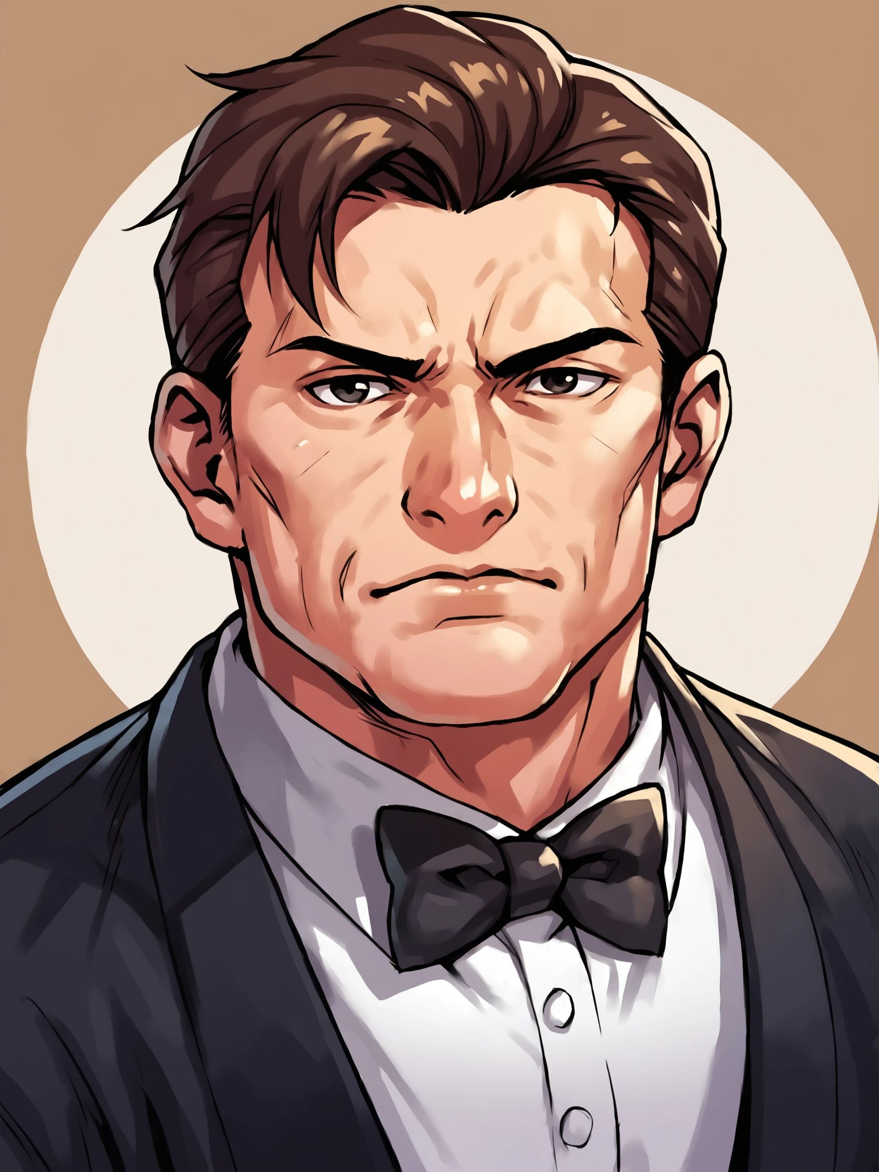 score_9, score_8up, score_7up, score_6up, score_5up, score_4up, dutch angle, dynamic angle, abstract background, source_cartoon, rating_safe, BREAK
mature male, solo, aof_takuma, brown hair, black eyes, black tuxedo, bowtie, upper body focus, BREAK
 <lora:Takuma_Sakazaki_-_Art_of_Fighting__King_of_Fighters_-_PDXL:1>