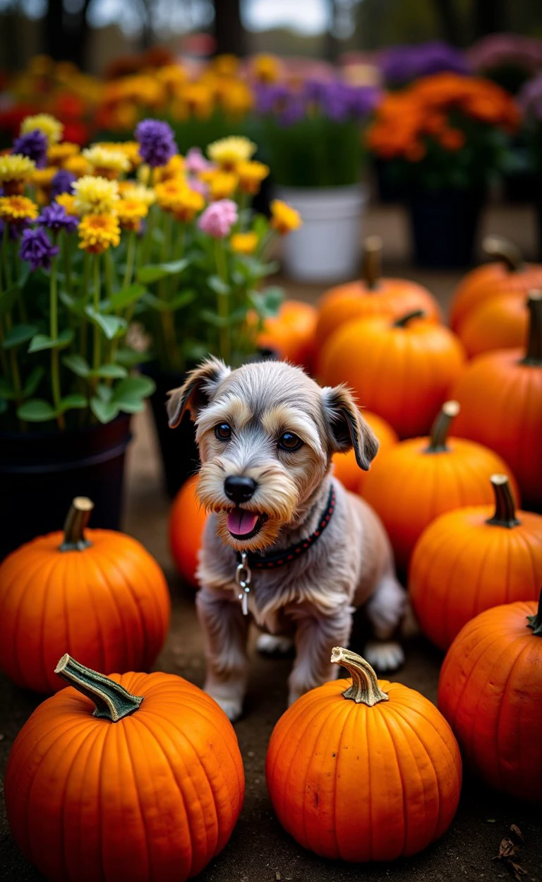 halciver style, pumpkins, dark. dog, pumpkins horror theme Flower market and vibrant colors  
<lora:flux_halloween_s07_creepy_enviornment_halciver_style:1.2>