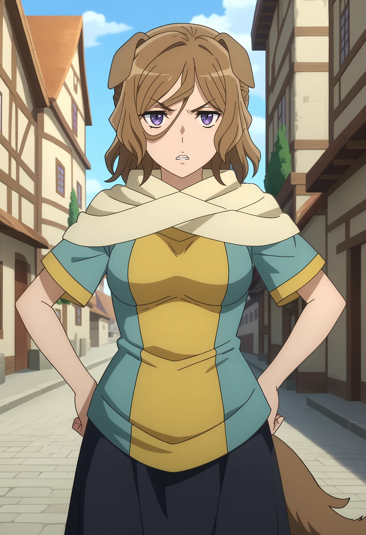 score_7_up, anime screencap,
<lora:DanMachi_NazaErsuisuXL:0.9>,
1girl, solo, parted lips, angry,
medium hair, brown hair, hair between eyes, purple eyes, dog ears, dog tail,
NazaErsuisu, yellow scarf, multicolored shirt, blue shirt, yellow shirt, short sleeves, black skirt, long skirt,
hands on own hips, standing, looking at viewer,
city, outdoors, fantasy, medieval