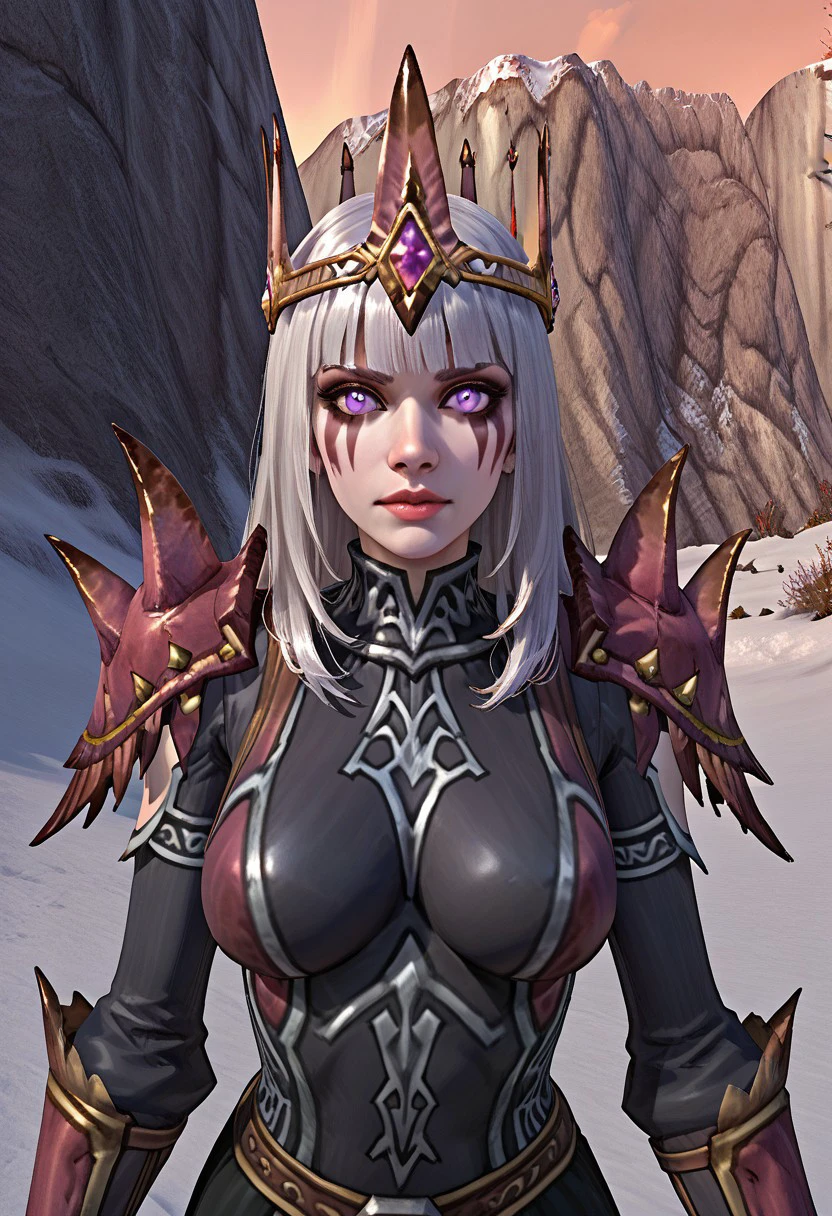 1girl. solo, upper body, frigid-necromancer, female focus, dynamic angle, white hair, blunt bangs, long hair, large breasts, shoulder armor, pointed helmet, crown, pointed shoulder pads, black dress, red gloves, gauntlets, spikes, armor, purple eyes, luminous eyes, bright eyes, glowing eyes, pale skin, face paint, looking at viewer, snowy mountain, tundra, blizzard, outdoors, Score_9, Score_8_up, Score_7