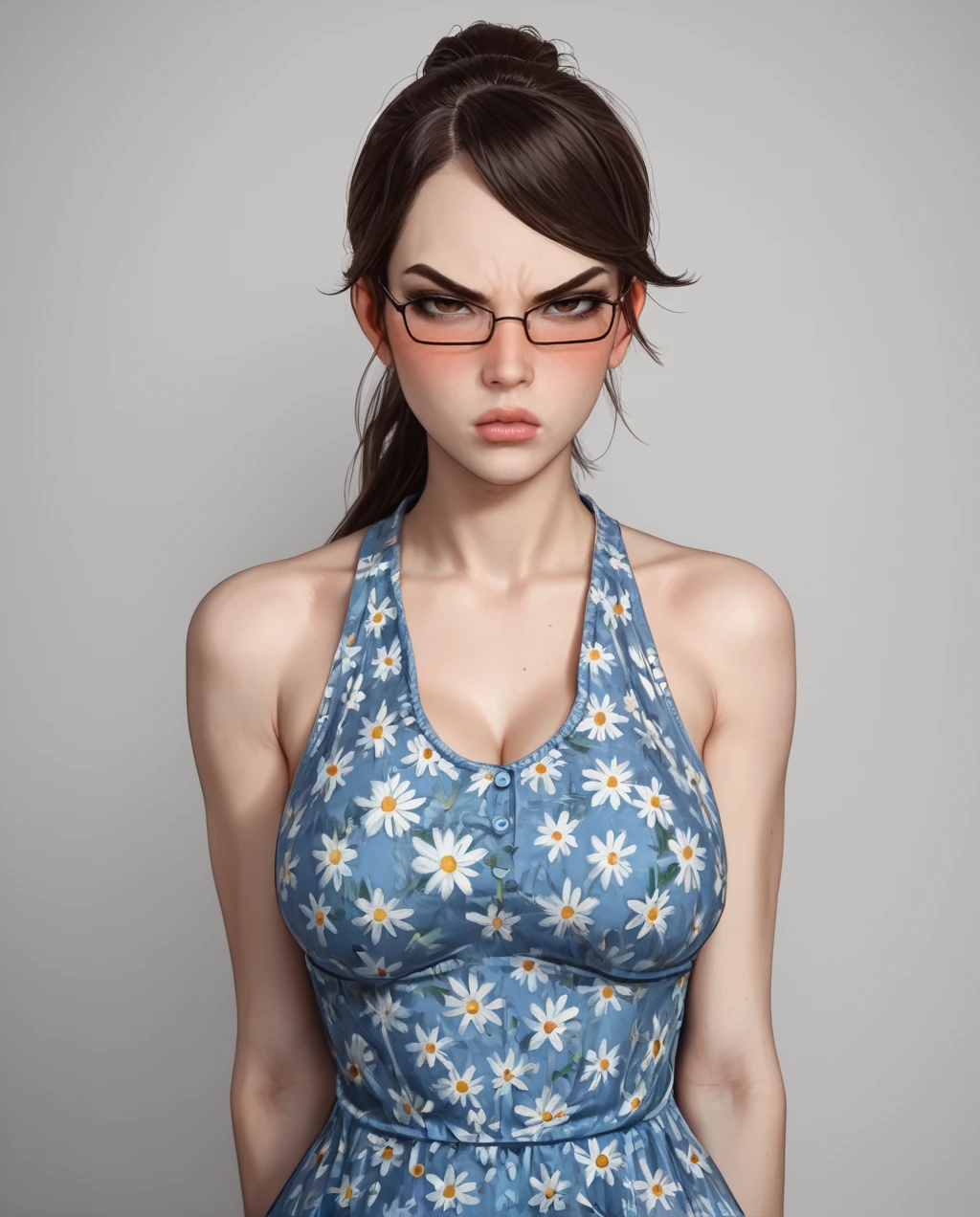 score_9,score_8,score_7,source_explicit , 1girl, solo, 
<lora:Chudette:.8> chudette, brown hair, pale skin, dark brown eyes, glasses, 1girl, , , ponytail, scowl, ,blue floral dress, big lips, angry, blushing, 
<lora:Expressive_H:1> expressiveh
 <lora:Eyes_High_Definition:0.25> eyeshd, best quality,(hyperrealistic art:1.2) 
BREAK
 extremely high-resolution details, photographic, (realism pushed to extreme:1.2), fine texture, (incredibly lifelike:1.2), (3d:1.2)