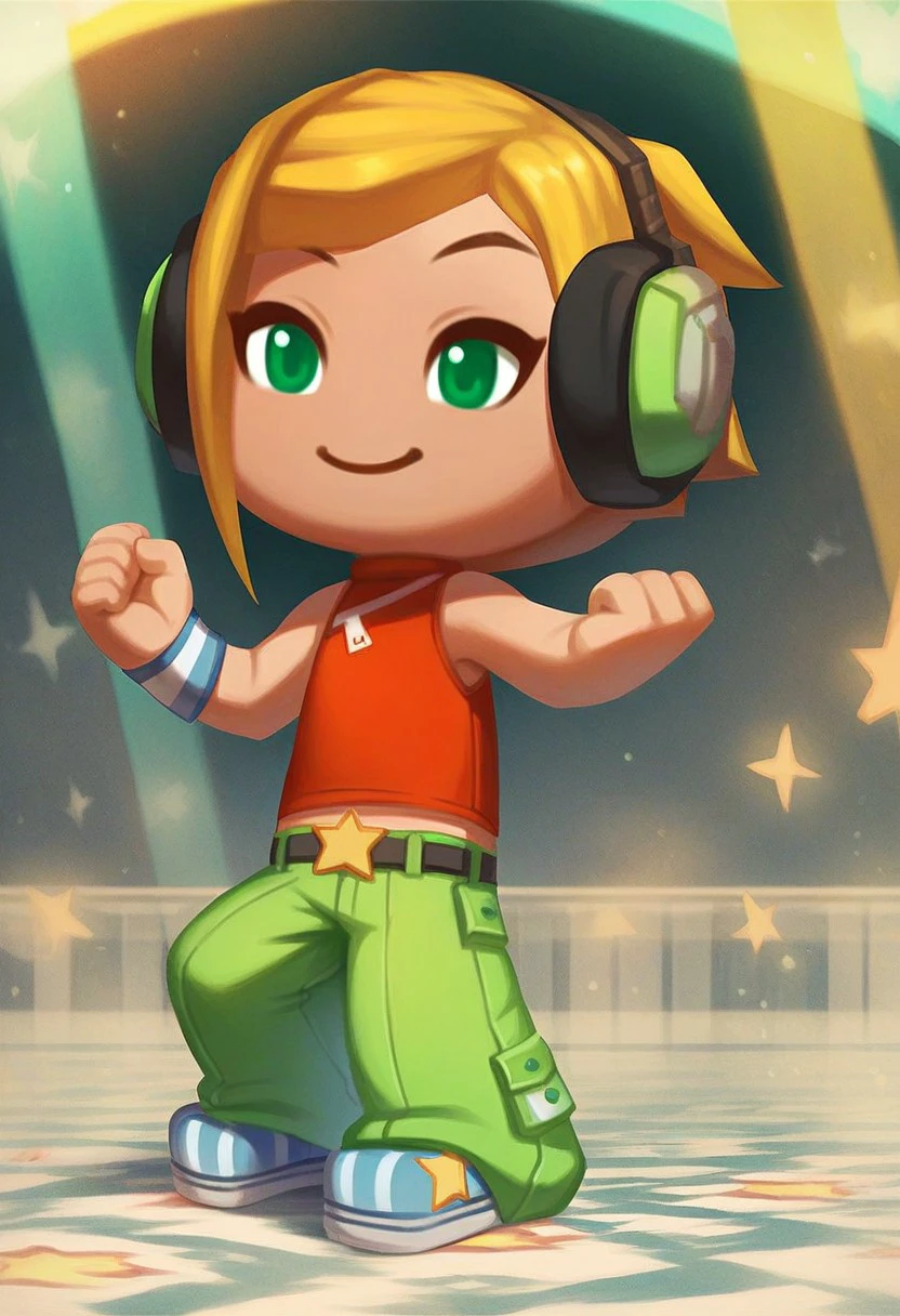 score_9_up, score_8_up. score_7_up, score_6_up, 1girl, solo, DJCandy_MySims, chibi, short blonde hair, green eyes, smile, headphones, sleeveless red top, baggy green pants, belt, wristband, striped footwear, adult, (painted art), (at a disco)