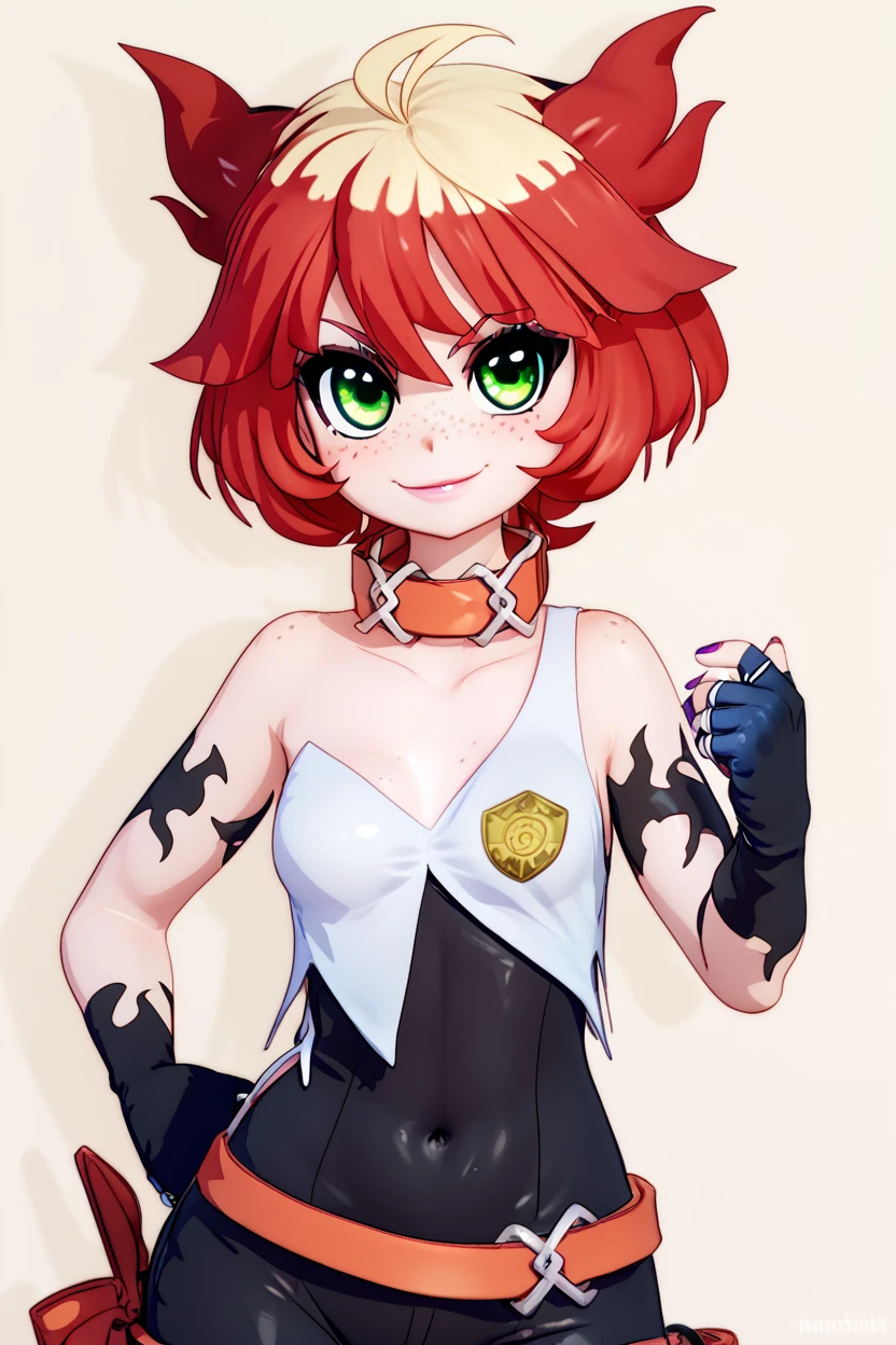 score_9, score_8_up, score_8, medium breasts, (curvy), cute, eyelashes,       ,,, , ,,, zzMela, green eyes, ahoge, freckles, red hair, multicolored hair, two-tone hair, short hair, black gloves, collar, fingerless gloves, bare shoulders, black bodysuit, nail polish, collarbone, <lora:Mela_Pokemon_PDXL:1.0>,   ,,,, BREAK, smile, closed mouth, looking at viewer, cowboy shot,  ,,, embedding:zPDXL, Expressiveh, ,,, <lora:MantisStyle_PDXL_v2:0.8>, <lora:SDXLFaeTastic2400:0.5>, <lora:Expressive_H-000001:0.4>,