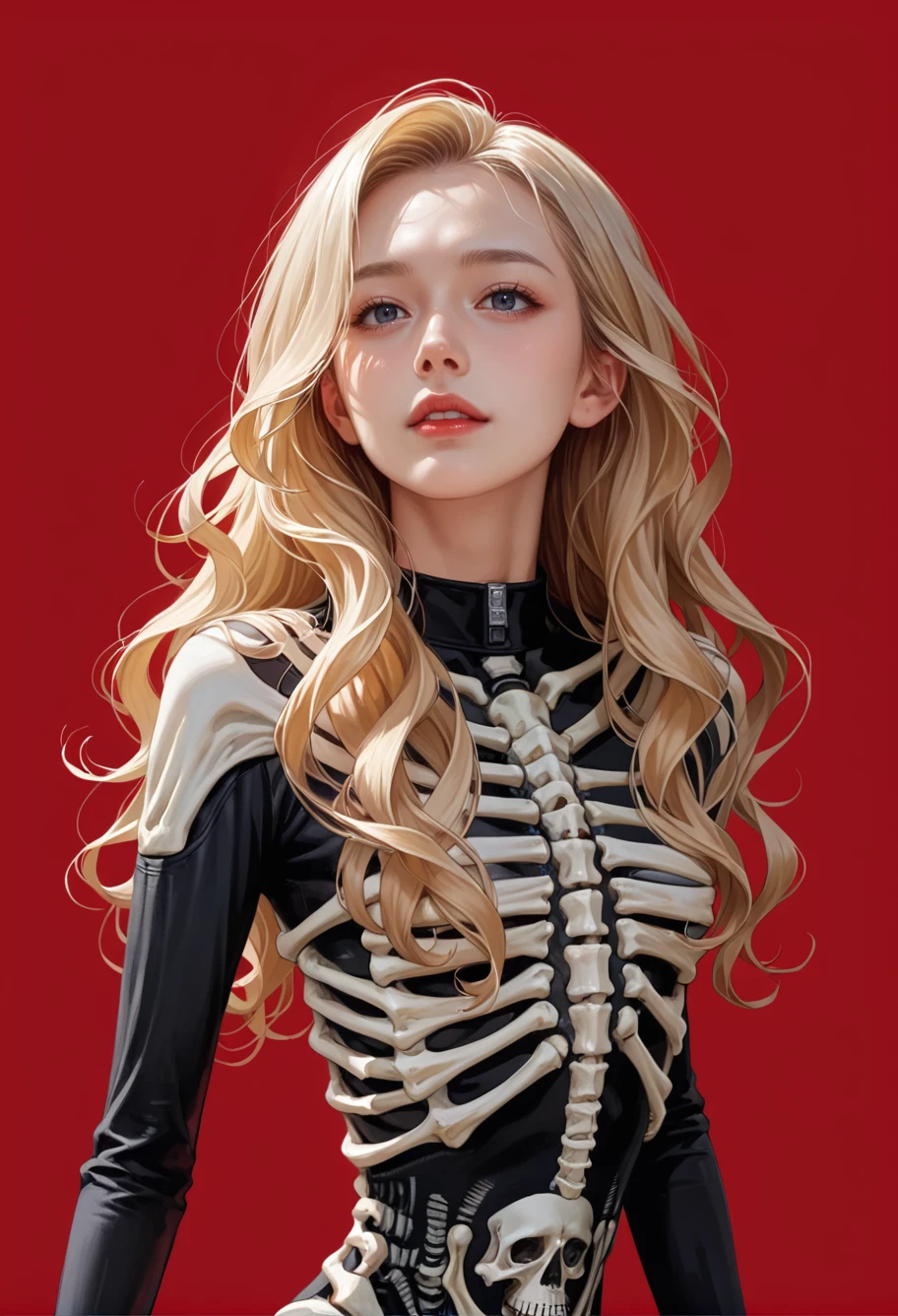 1girl,red background,,ruanyi1917,bodysuit,skeleton,ribs,<lora:1917 skeleton jumpsuit_v1_pony:1>, score_9,score_8_up,score_7_up,,8k,1girl,solo,,, blonde hair,long hair,wavy hair,