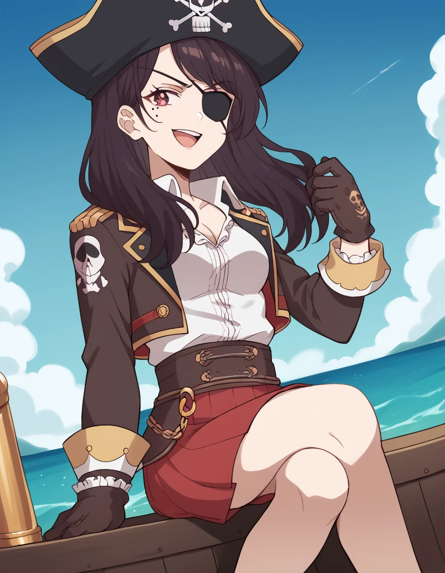 score_9, score_8_up, score_7_up, source_anime, <lora:maria-kurose-s1-ponyxl-lora-nochekaiser:1>, maria kurose, long hair, black hair, red eyes, mole, mole under eye, medium breasts, <lora:pirate-costume-ponyxl-lora-nochekaiser:1>, pirate costume, pirate hat, skirt, gloves, jacket, shirt, eyepatch,, blue sky, sea, ocean, pirate ship, treasure, gold, smug, open mouth, from below, sitting,, , dutch angle, cowboy shot